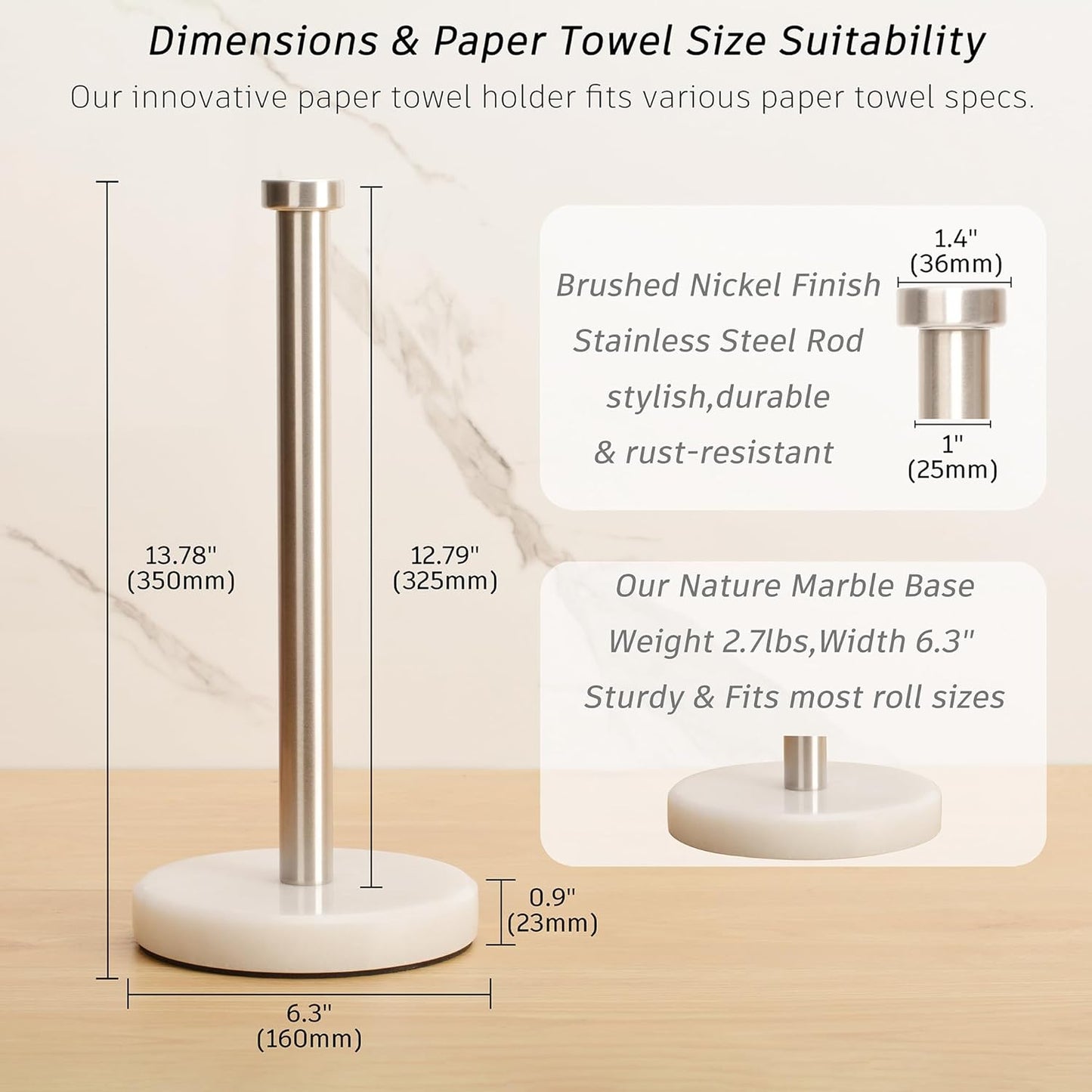 Paper Towel Holder Countertop, Heavy Weighted Marble Base Paper Towels Holder for Kitchen Counter