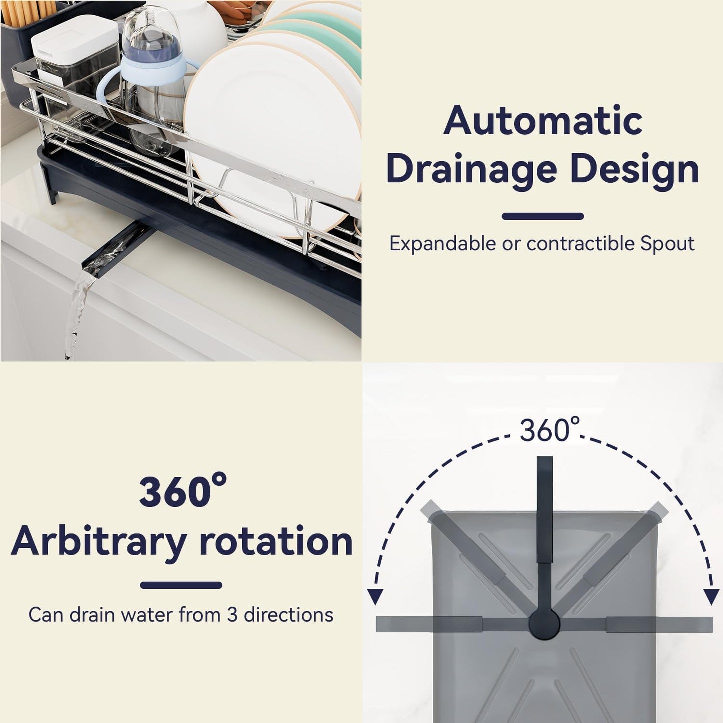 Dish Drying Rack, 304 Stainless Steel Dish Racks for Kitchen Counter with Cutlery Holder & Sponge Holder, Large Dish Drainer with Removable Drainboard, 11.8''W x 16.7''L (Stainless Steel)