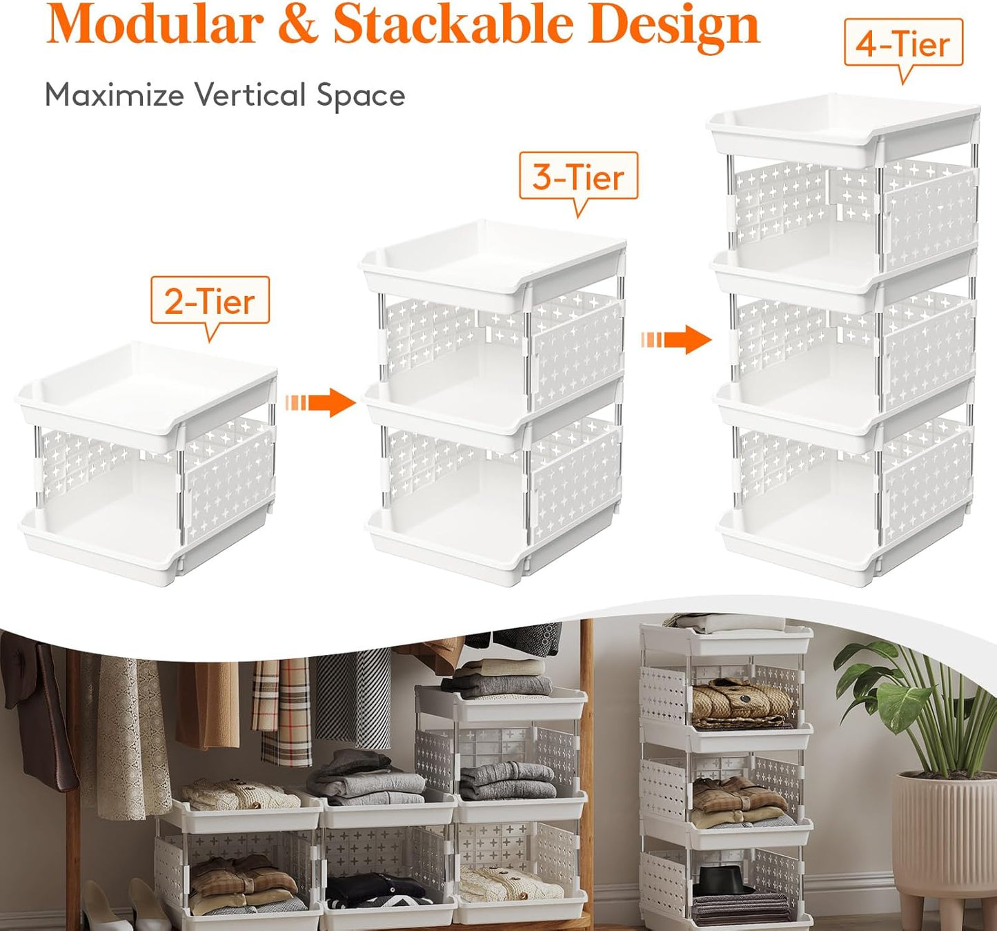 Plastic Stackable Storage Baskets, 4 Tier Stacking Bins for Food and Clothes