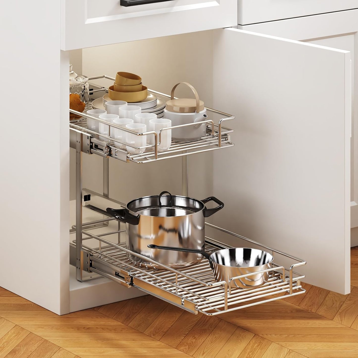 2 Tier Individual Pull Out Cabinet Organizer 10½" W x 18" D, Heavy Duty Cabinet Pull Out Shelves