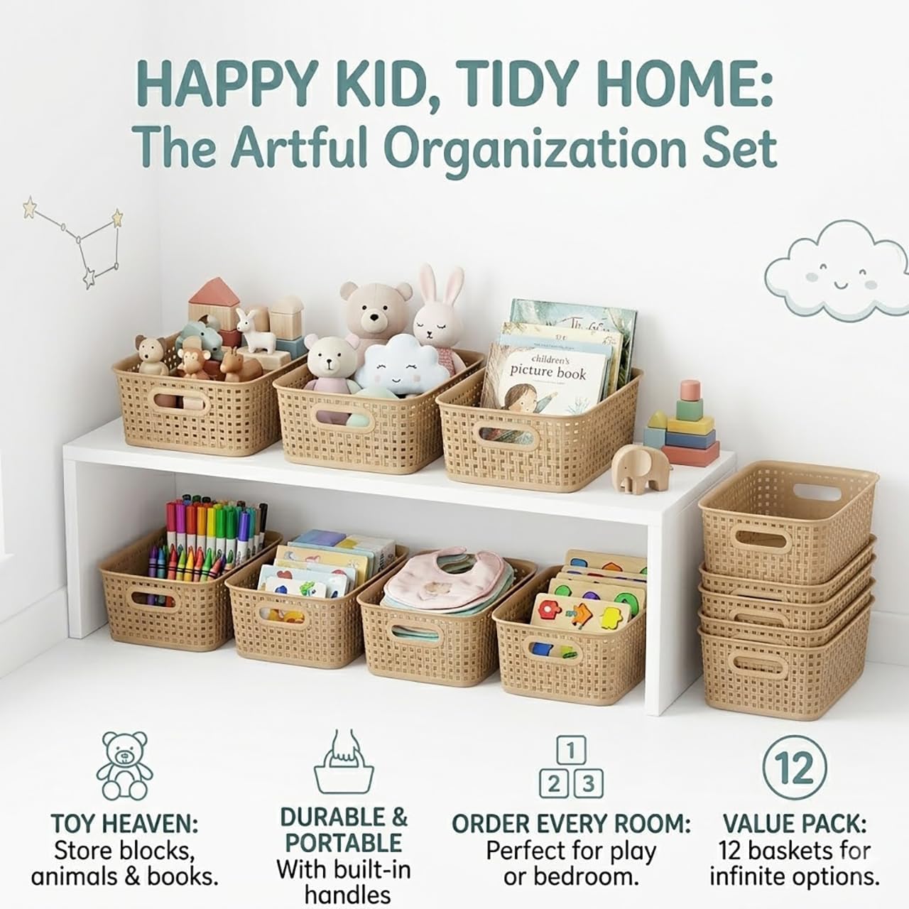 Khaki Stackable Storage Baskets, Plastic Weave Basket Organizer and Storage Set of 12