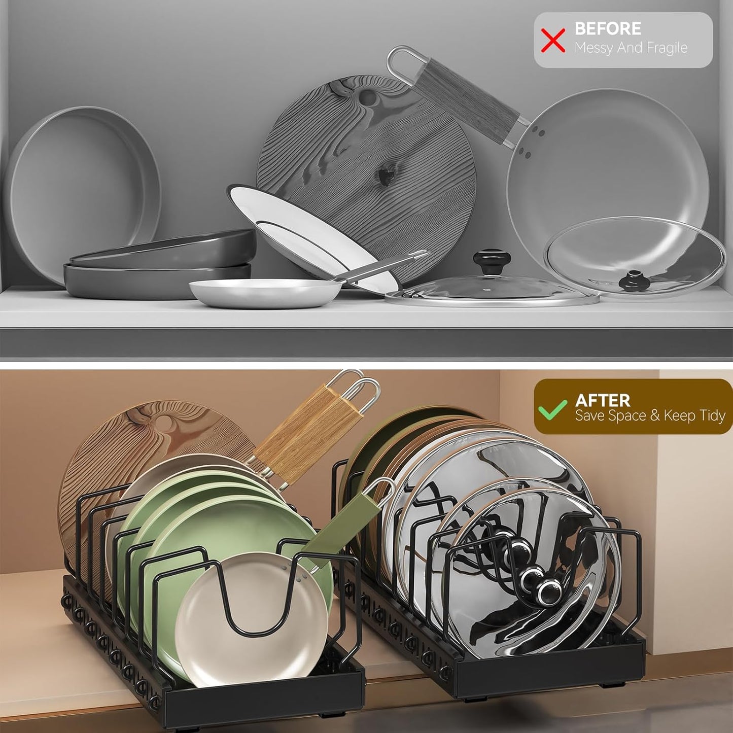2PCS Black Pot Lid Organizer, Pull-out Pots and Pans Organizer