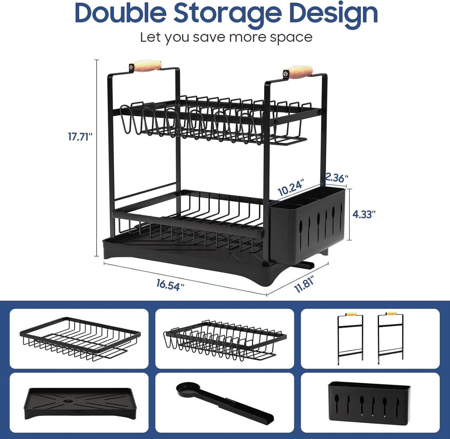 2-Tier Large Dish Drying Rack for Kitchen Counter with Drainboard and Cutlery Holder