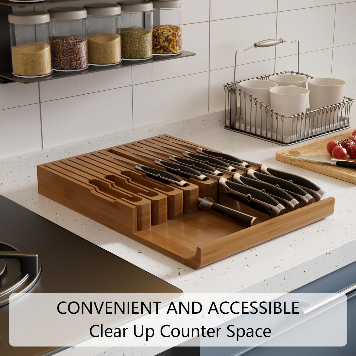 Bamboo In-drawer Knife Block - Knife Drawer Organizer Insert Large Handle Steak Knife Holder