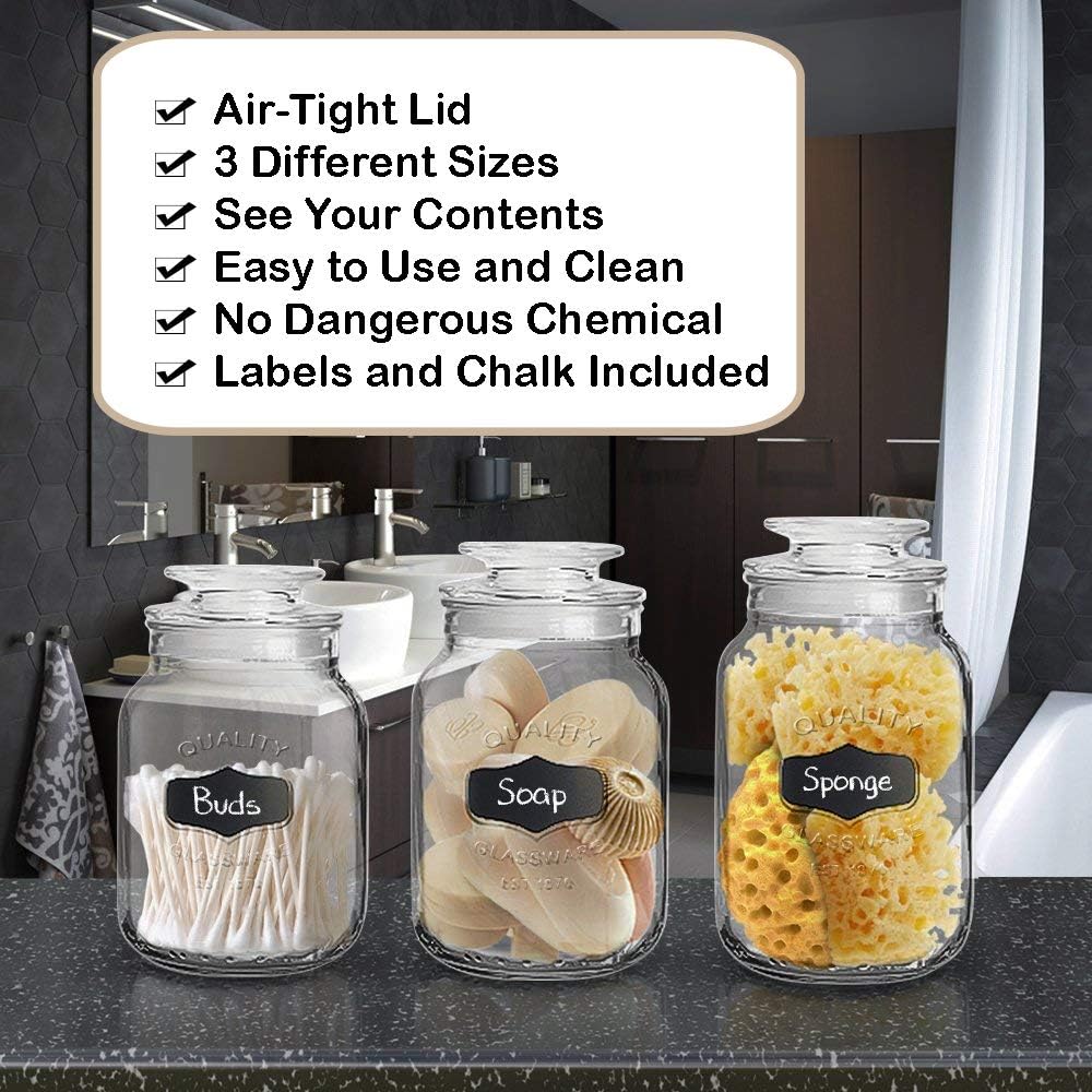 Glass Canister Set for Kitchen or Bathroom with Airtight Lid and Chalkboard Labels