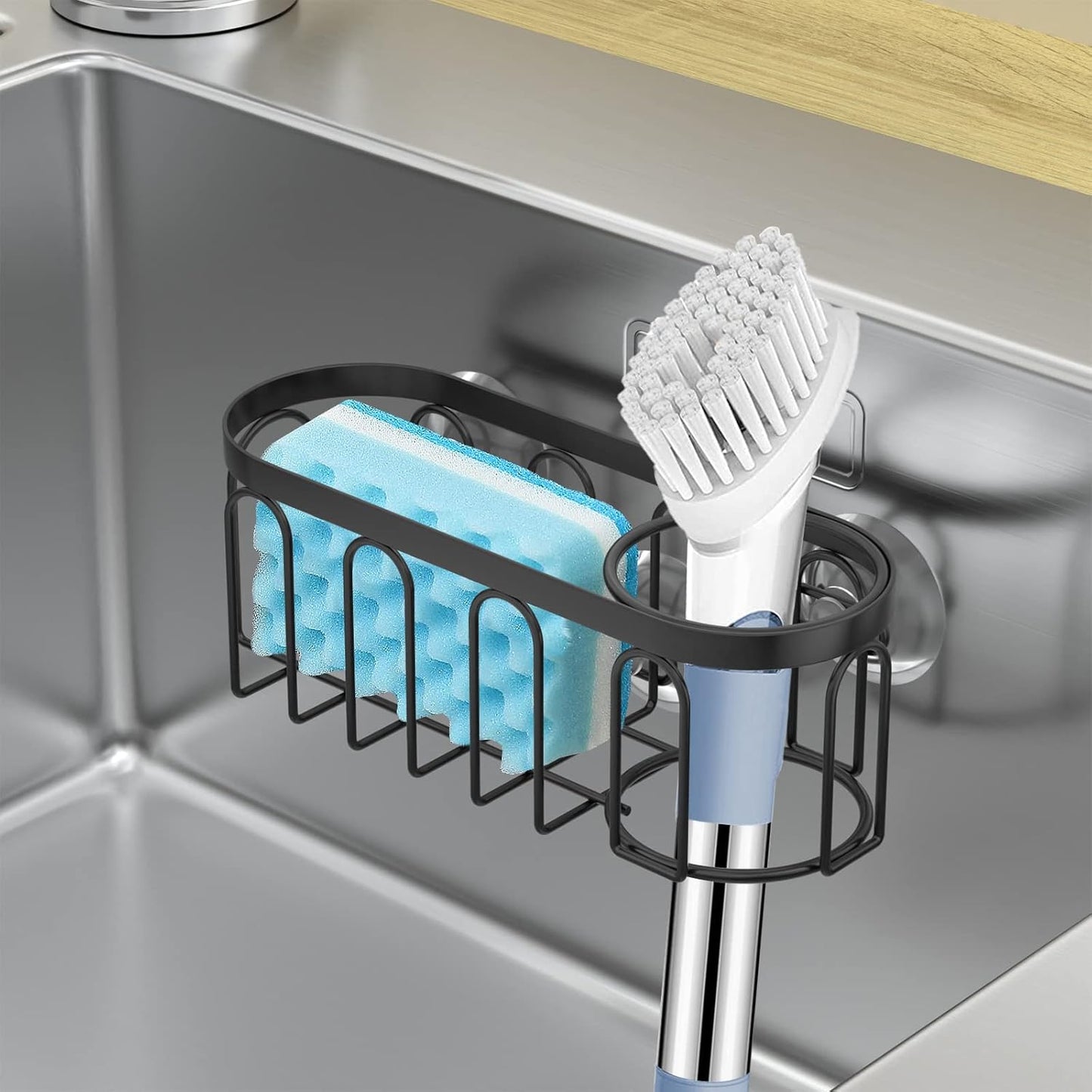 2-in-1 Sponge Holder for Kitchen Sink, Sink Caddy Kitchen Sink Organizer with 3 Suction Cups