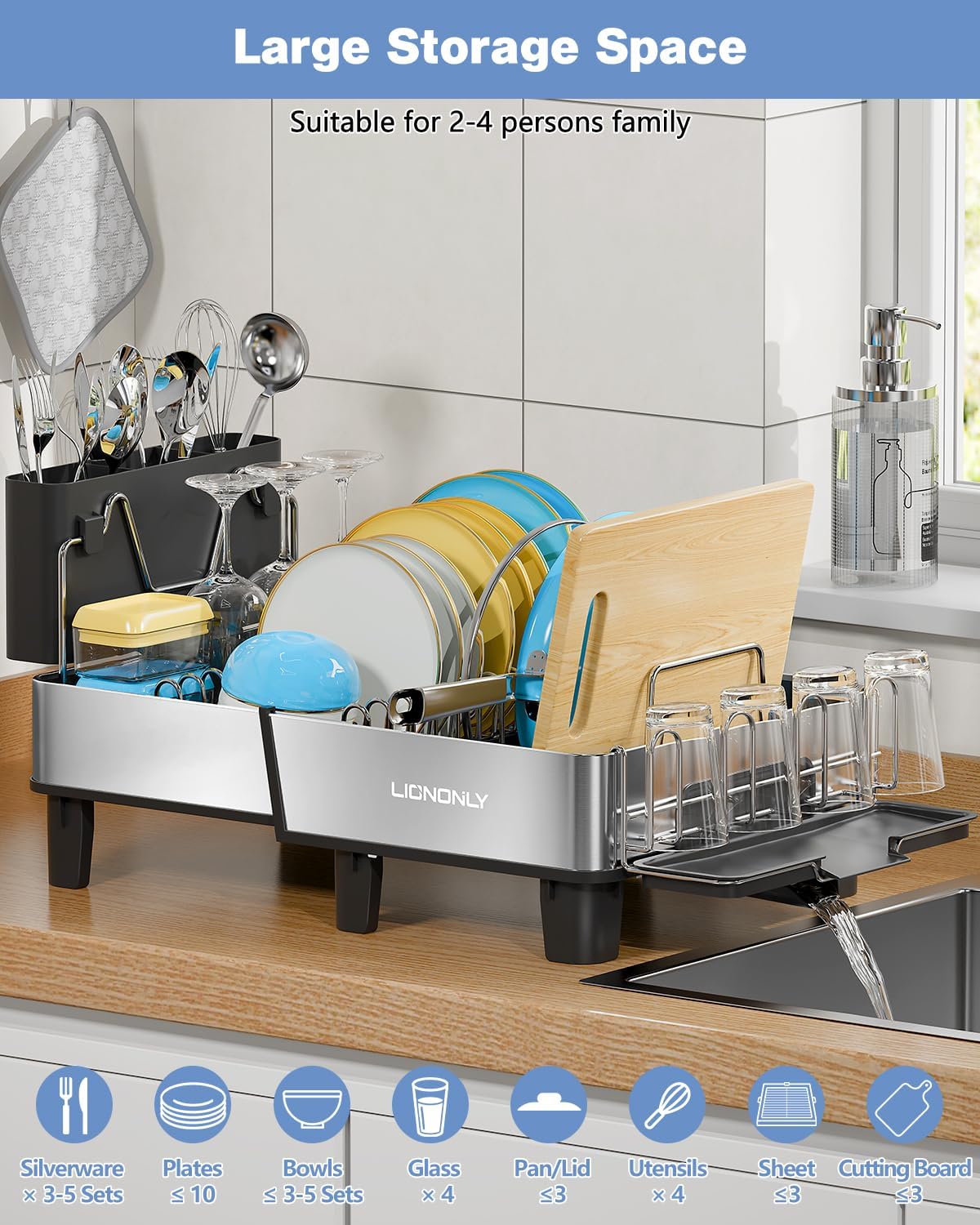 Dish Drying Rack, 304 Stainless Steel Exendable Dish Rack with Adjustable Drain Spout