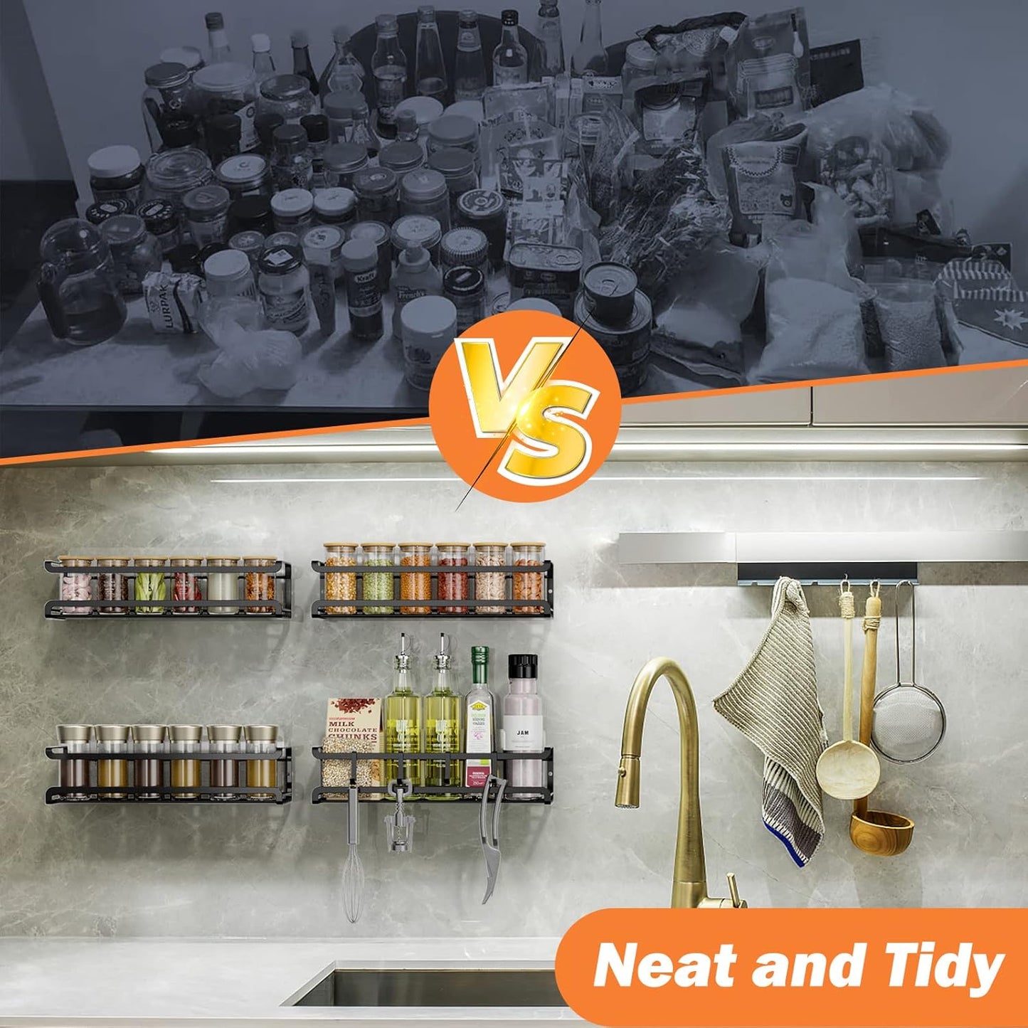 Spice Rack Wall Mounted 4 Pack,Space-Saving Spice Organizer for Spice Jars and Seasonings,Screw or Adhesive Hanging Spice Rack Organizer for Your Kitchen Cabinet,Pantry Door