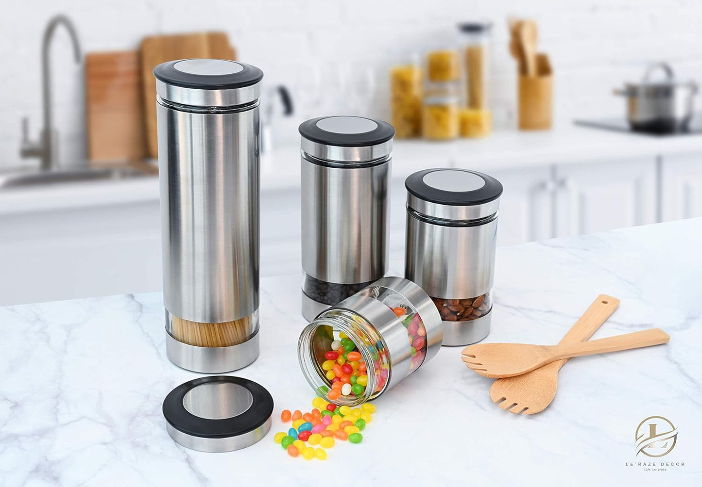 Airtight Glass Canister Set of 4 with Stainless Steel Sleeve for Kitchen Counter