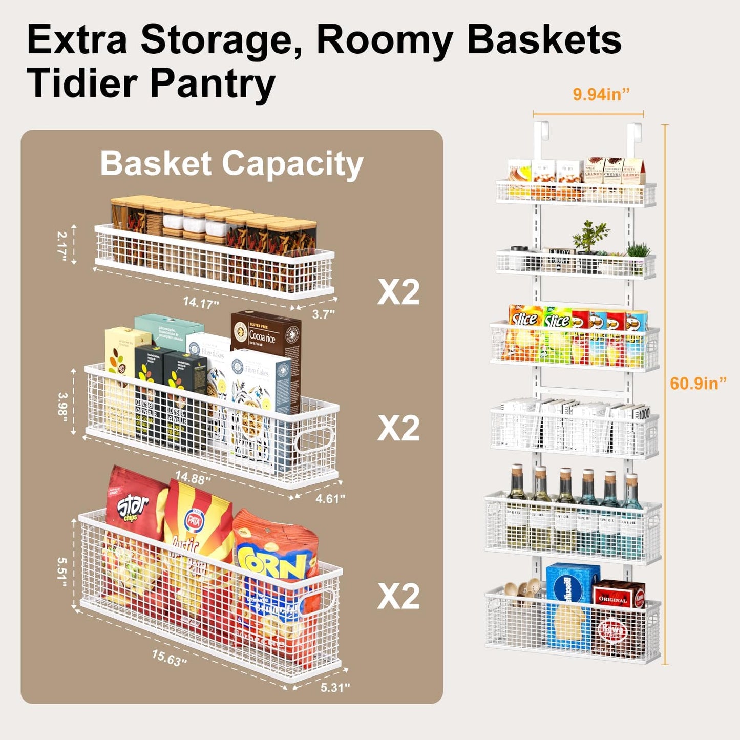 6-Tier Over The Door Pantry Organizer,Hanging Spice Rack,Over Door Adjustable Basket with Handle,Pantry Organization And Storage, Laundry Room,Bathroom,Large Capacity,D5.3xW15.7xH60.9in
