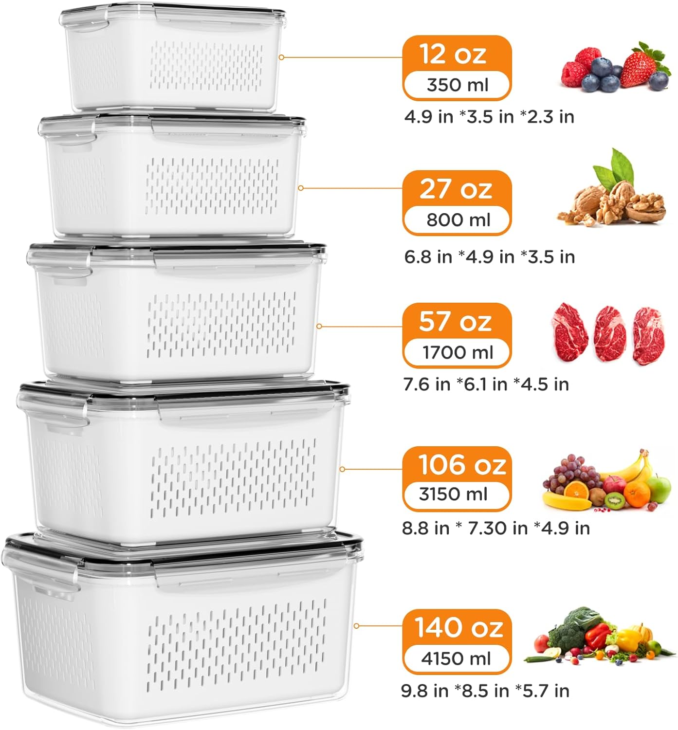 5-Pack Fruit Storage Containers for Fridge with Removable Colanders
