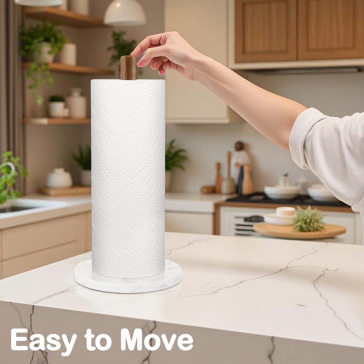 Wood Paper Towel Holder, Marble Base Modern Decorative Countertop Standing Rolls Holder for Kitchen, Toilet, Pantry and Bathroom (Marble Base White)