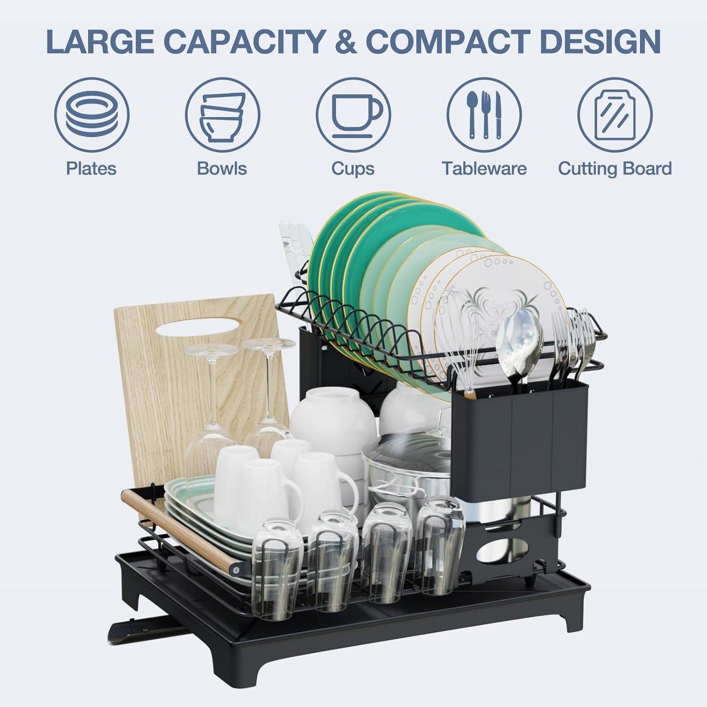 2-Tier Large Capacity Dish Drying Rack for Kitchen Counter: Anti-Rust Dish Strainer with Drainboard, Cup Holder, Utensil & Cutting Board Organizer, Heavy Duty Dish Rack