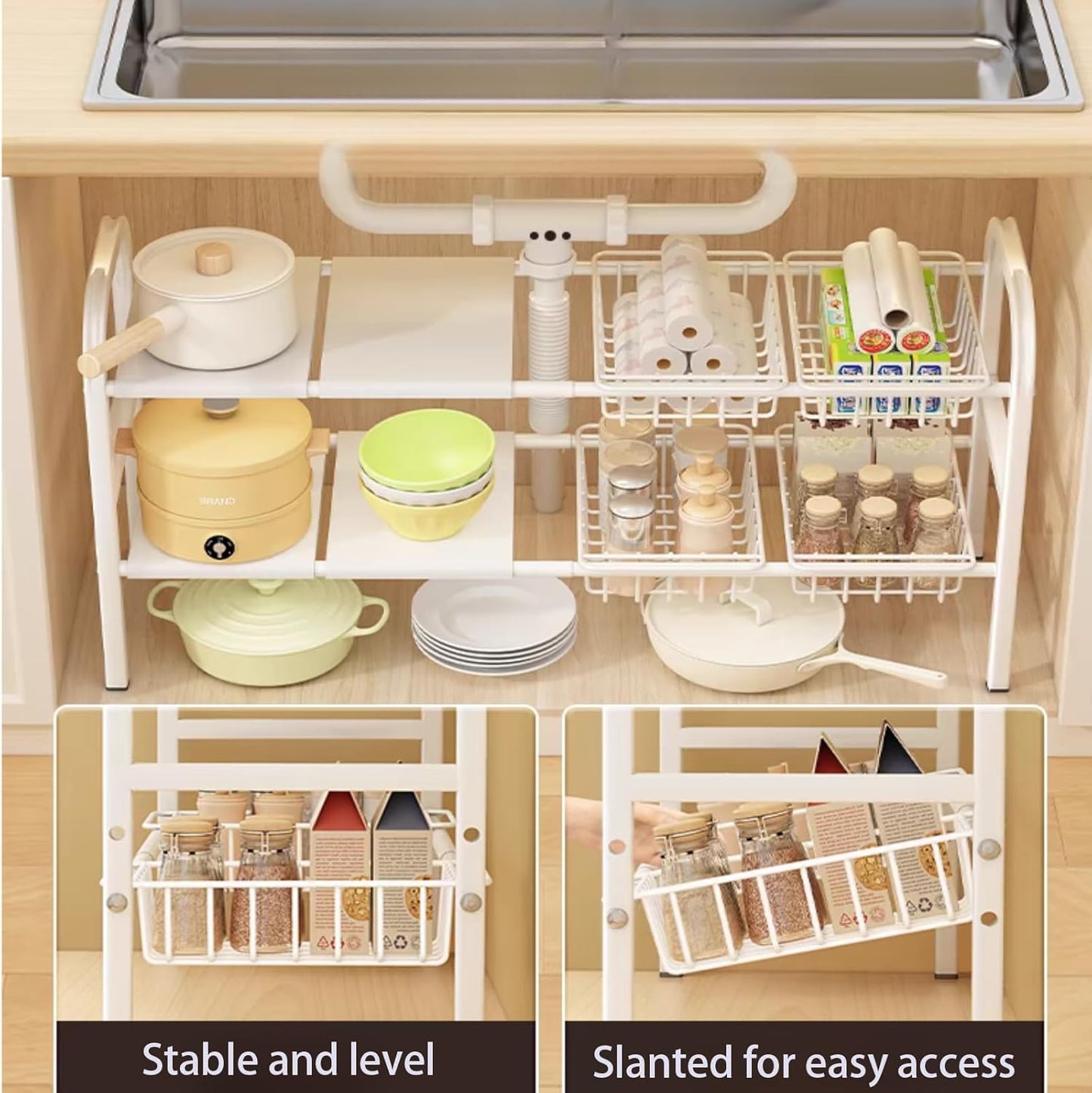 Under Sink Organizer,2 Tier Expandable Heavy Duty Metal Shelf,with 5 Removable Panels and 5 Storage Basket for Under Kitchen Bathroom Sink Organizers and Storage(White, Large)