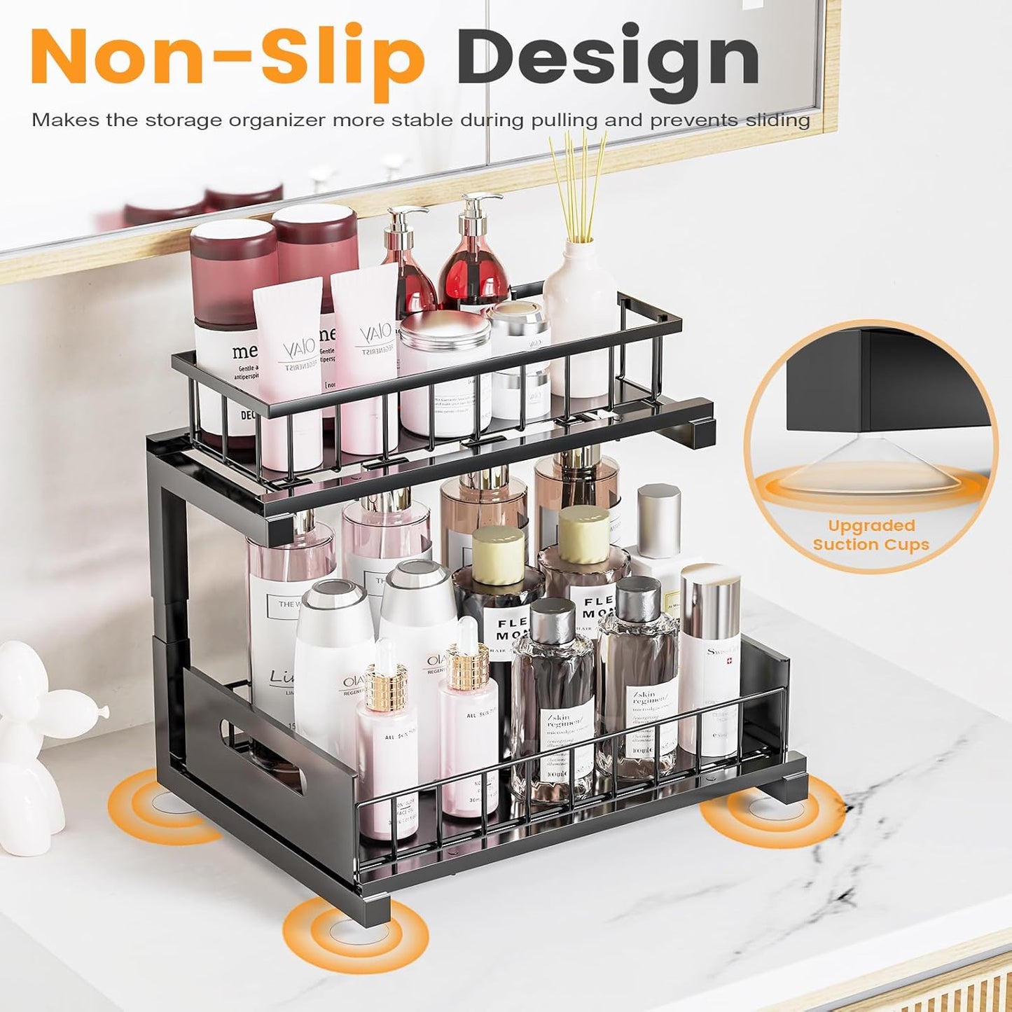 Under Sink Organizer, Heavy Duty Metal Pull Out Cabinet Organizer Slide Out Sink Shelf Organizer Height Adjustable, Multi-Purpose Storage Shelf for Kitchen Bathroom(Black,2Pack)