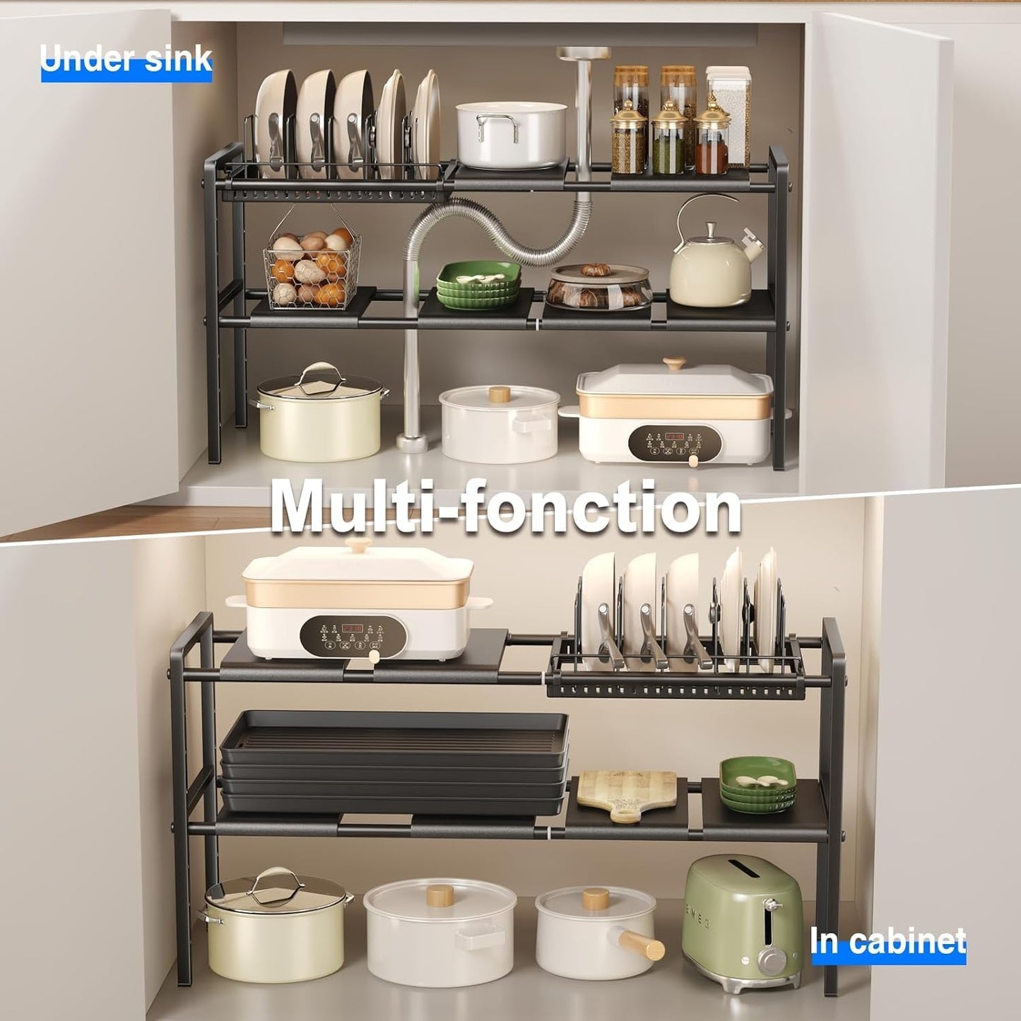 Pots and Pans Organizer Under Cabinet, Expandable 2 Tier Under Sink Organizers and Storage Adjustable Height Kitchen Pot and Pan Lid Holder Rack with 6 Dividers(6panels,1 Pot rack, Black)