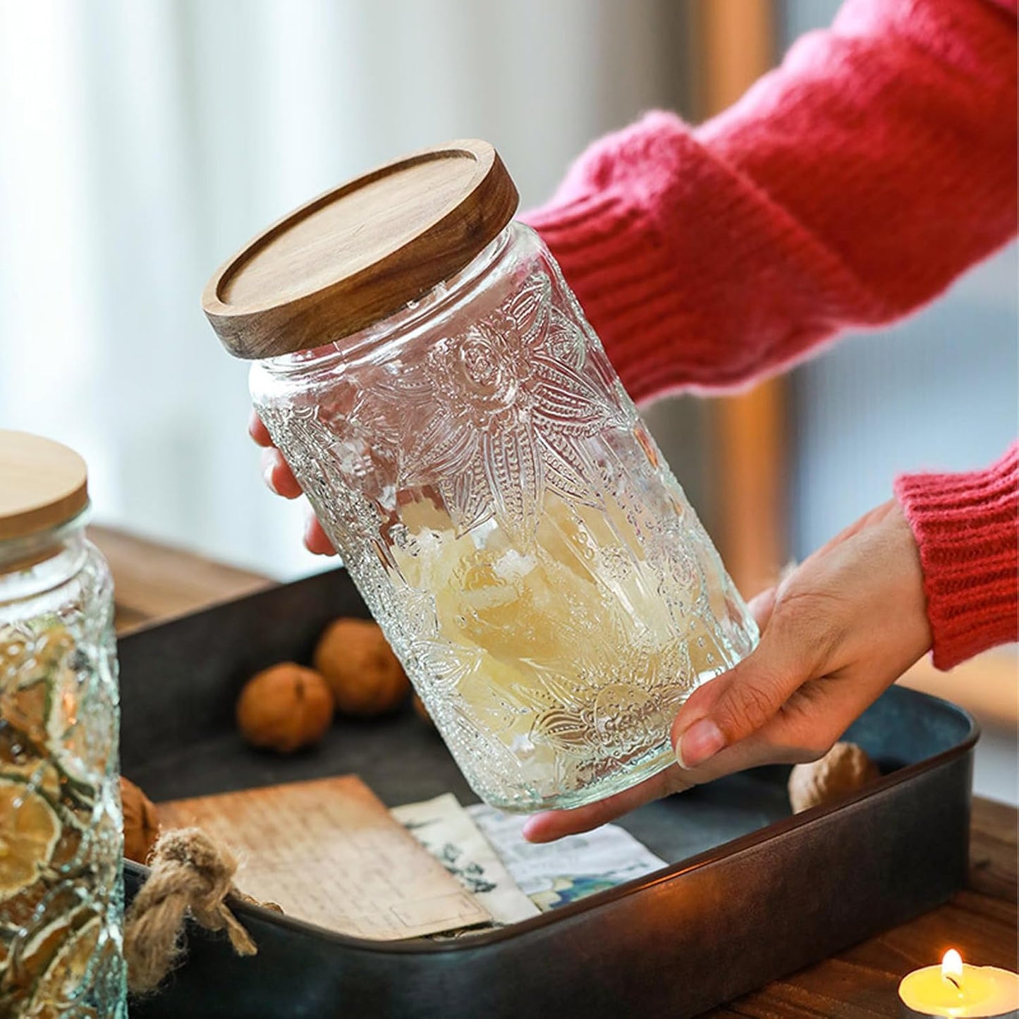 34 OZ/2 PCS Glass Storage Jar with Airtight Bamboo Wooden Lids