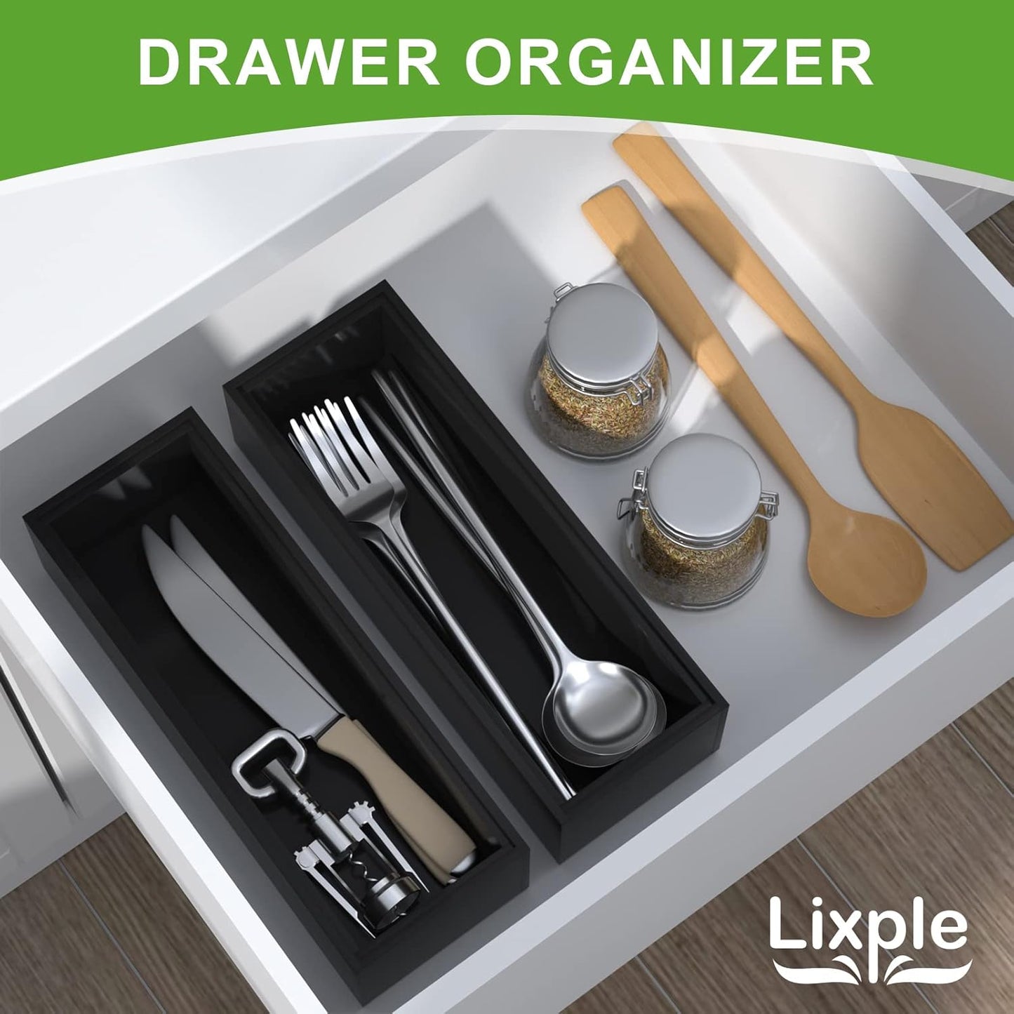 Premium Bamboo Kitchen Drawer Organizer - Set of 2, Stackable Utensils Holder