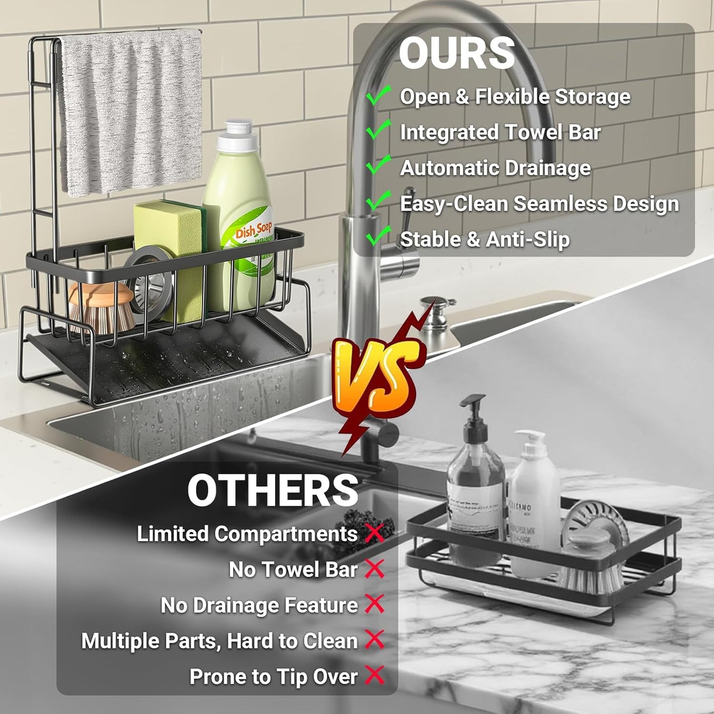 Sponge Holder for Kitchen Sink, Kitchen Sink Organizer with Towel Rack