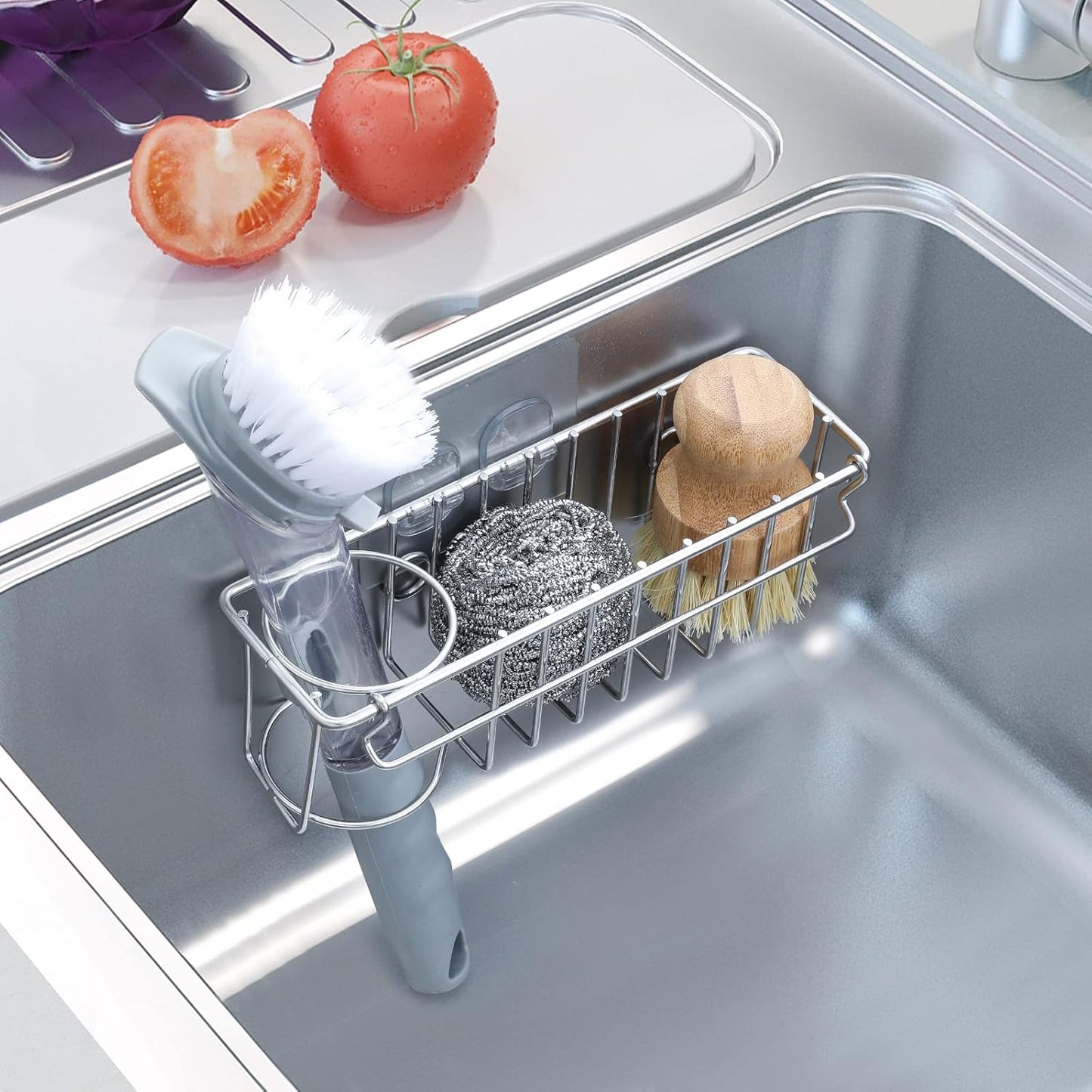 3-In-1 Sponge Holder for Kitchen Sink with Suction Cups & Adhesive Hook , In-sink Sponge Holder