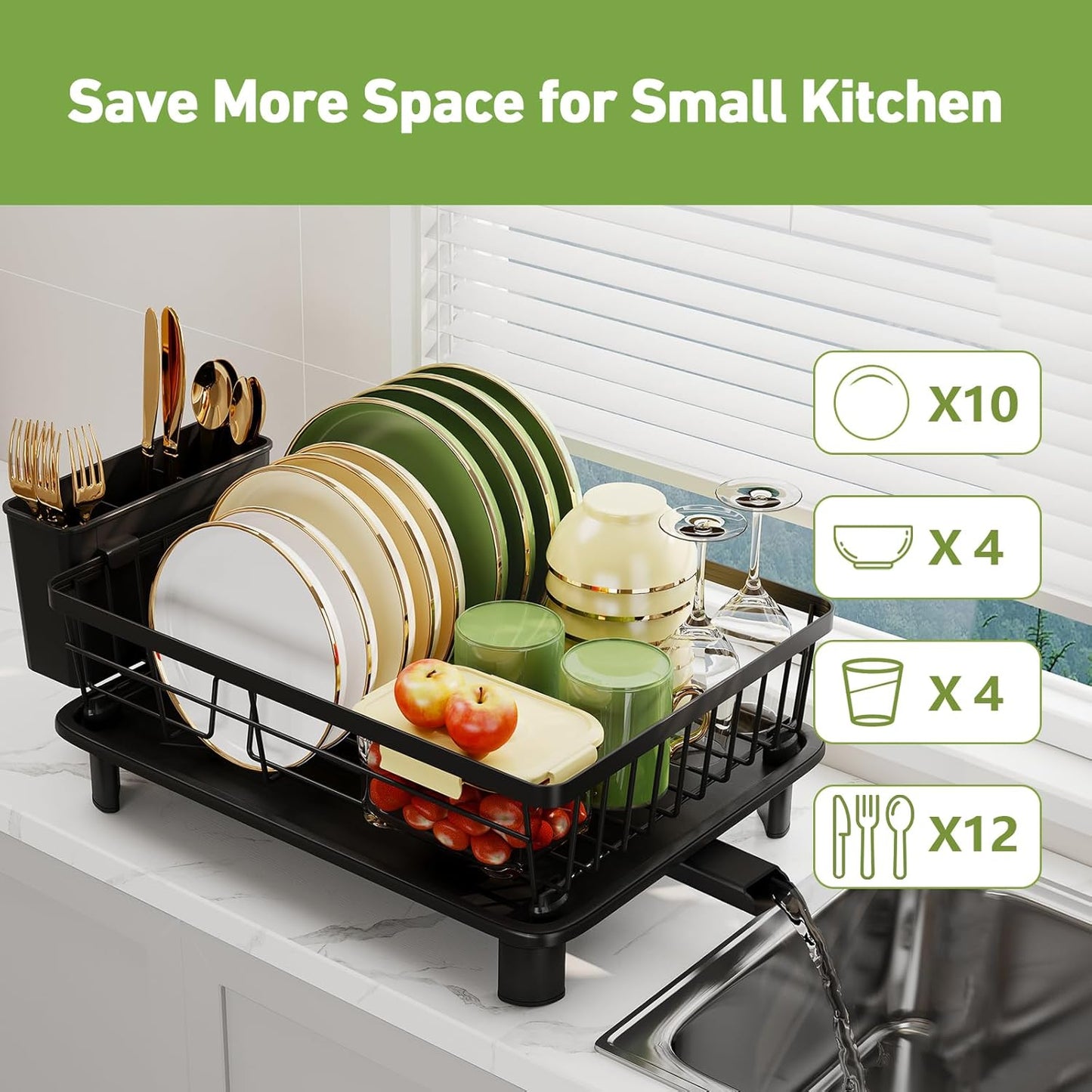Dish Drainer Rack with Drip Tray, Sink Dish Drainer with Drainage Spout