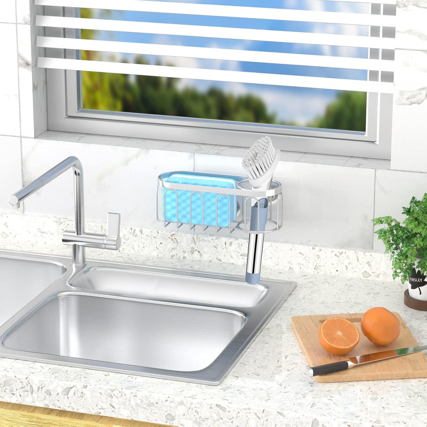 2-in-1 Sponge Holder for Kitchen Sink, Sink Caddy Kitchen Sink Organizer with 3 Suction Cups