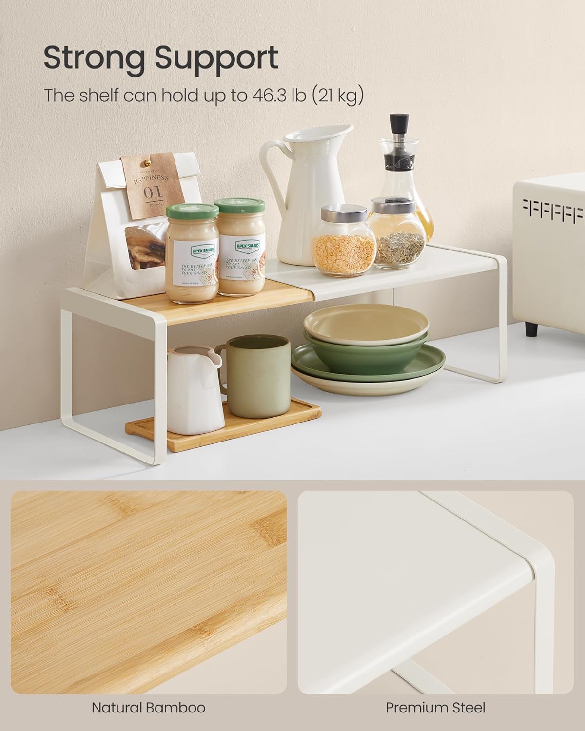 Spice Rack, Expandable Cupboard Shelf Orgnizer, Kitchen Counter Shelf, Bamboo and Metal