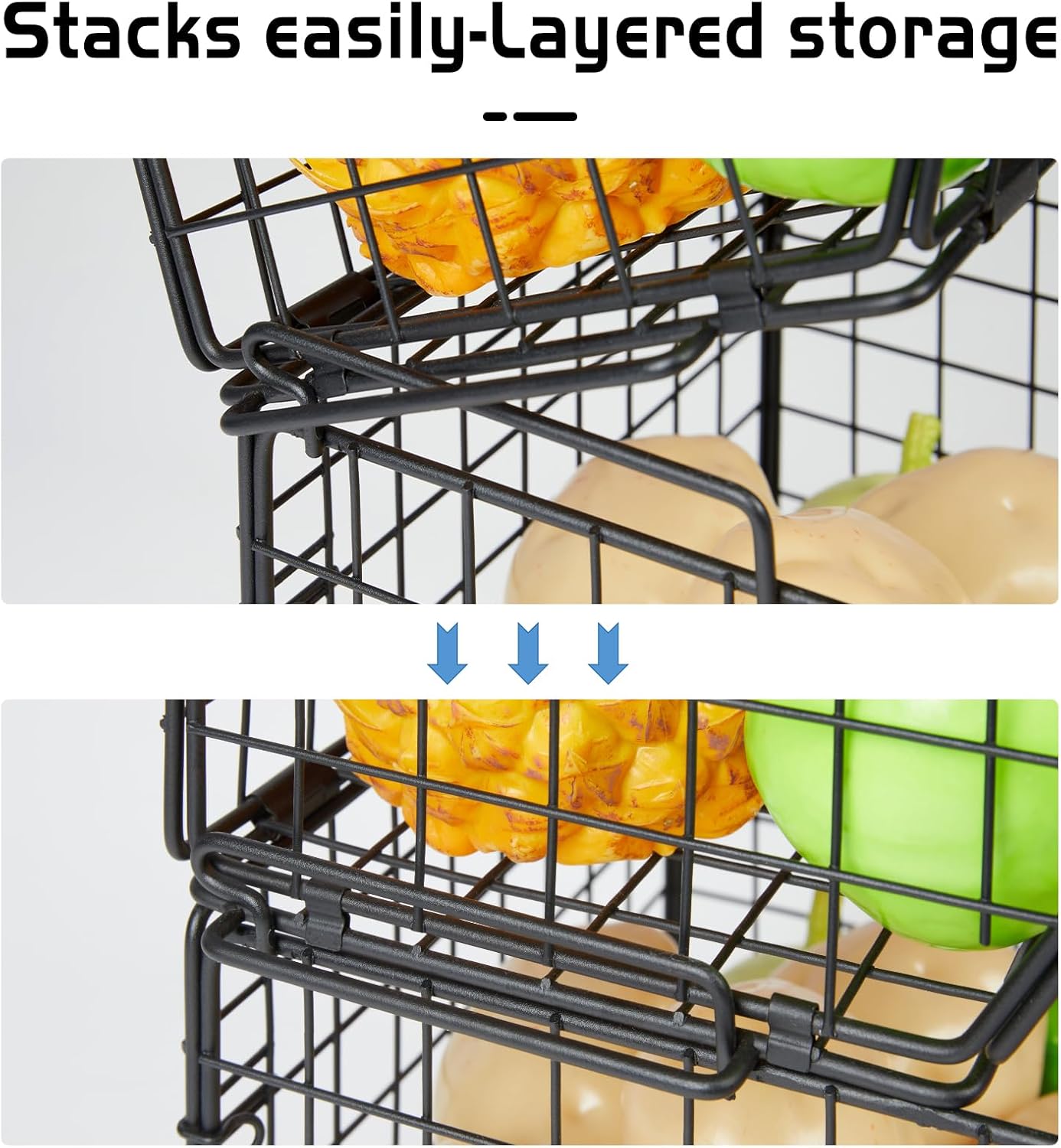 3-Tier Stackable Wire Baskets for Counter, Fruit and Vegetable Storage