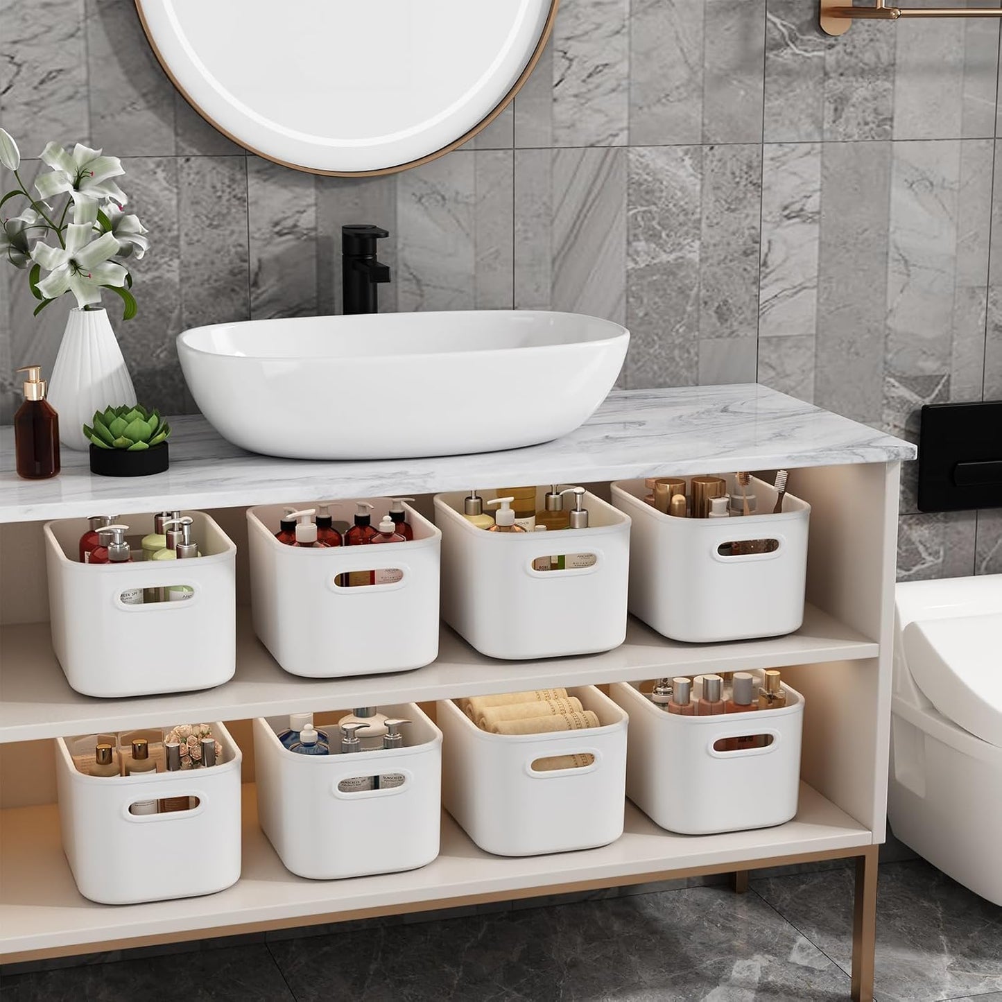 8 Pack White Storage Bins with Lids for Shelves, White Storage Containers with Lids for Organizing