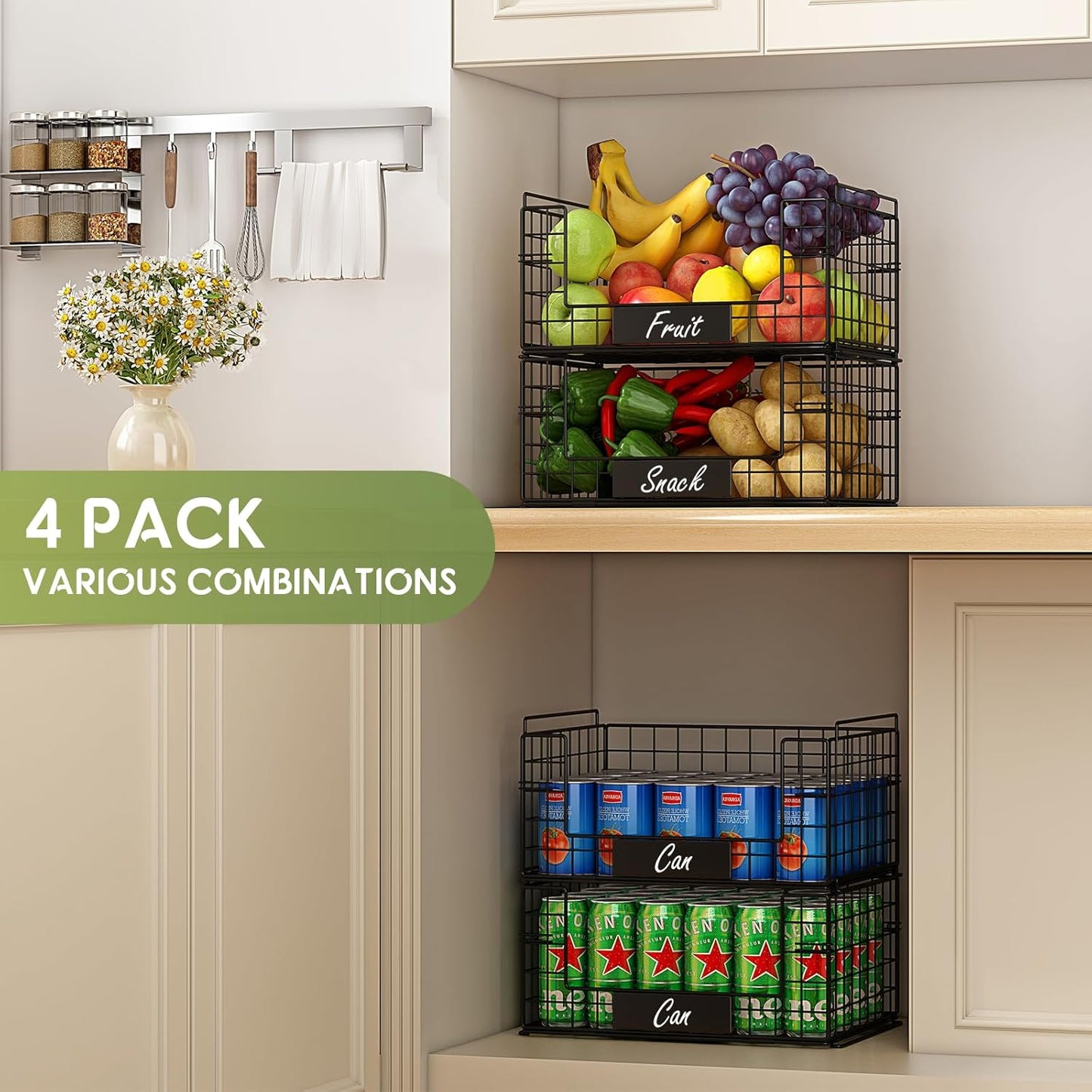 4 Pack XXL Stackable Wire Baskets with Handles for Pantry Storage and Organization,Fruit and Vegetable Basket with Name Plates,Metal Storage Bins for Snack Can Fruit Veggies