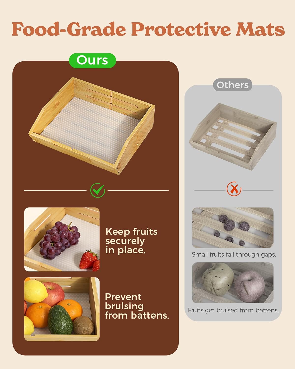 3 Tier Large Bamboo Fruit Basket for Kitchen Counter with 2 Banana Holders
