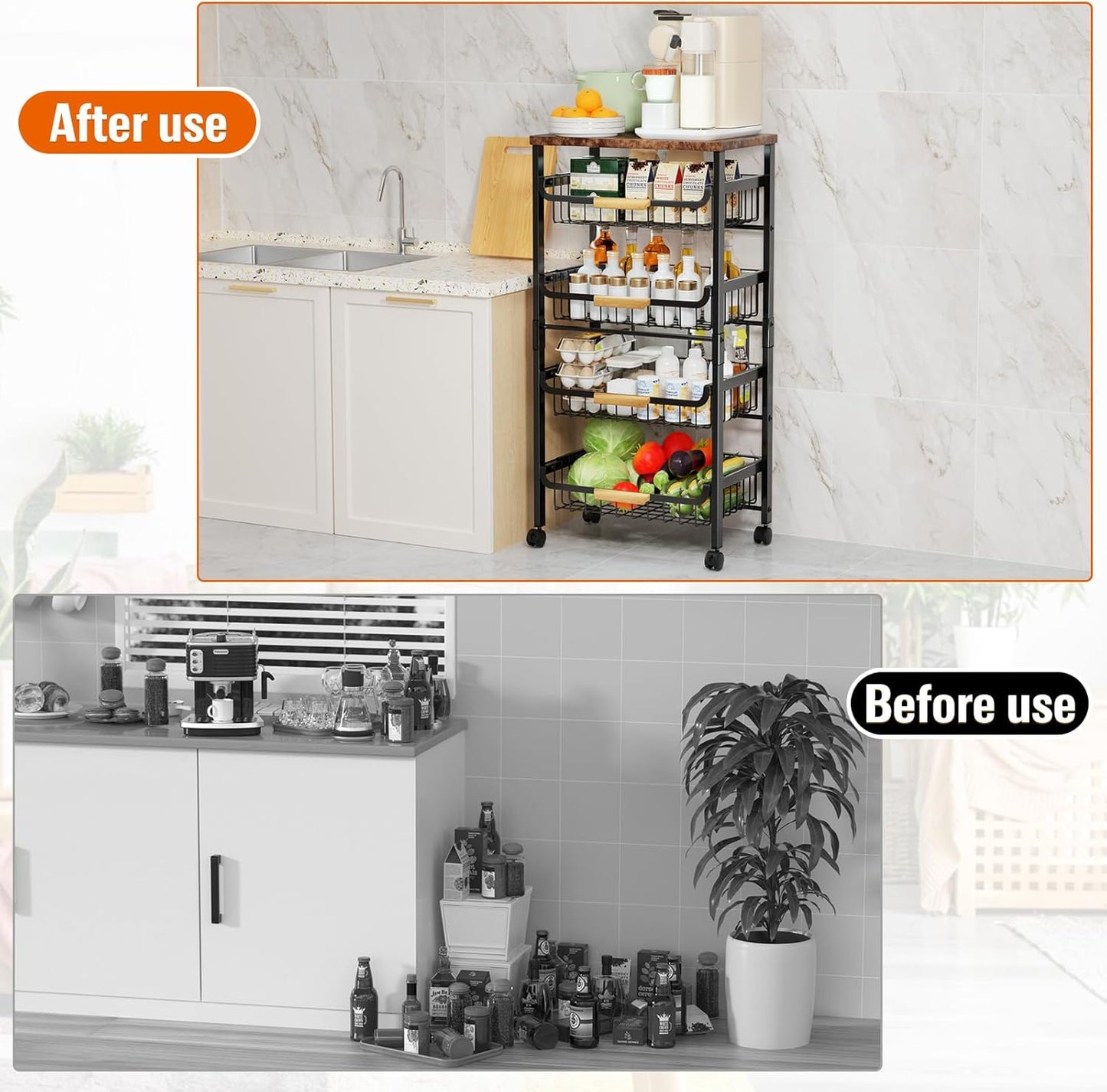 5-Tier Rolling Utility Cart, Kitchen Storage Cart with Wheels