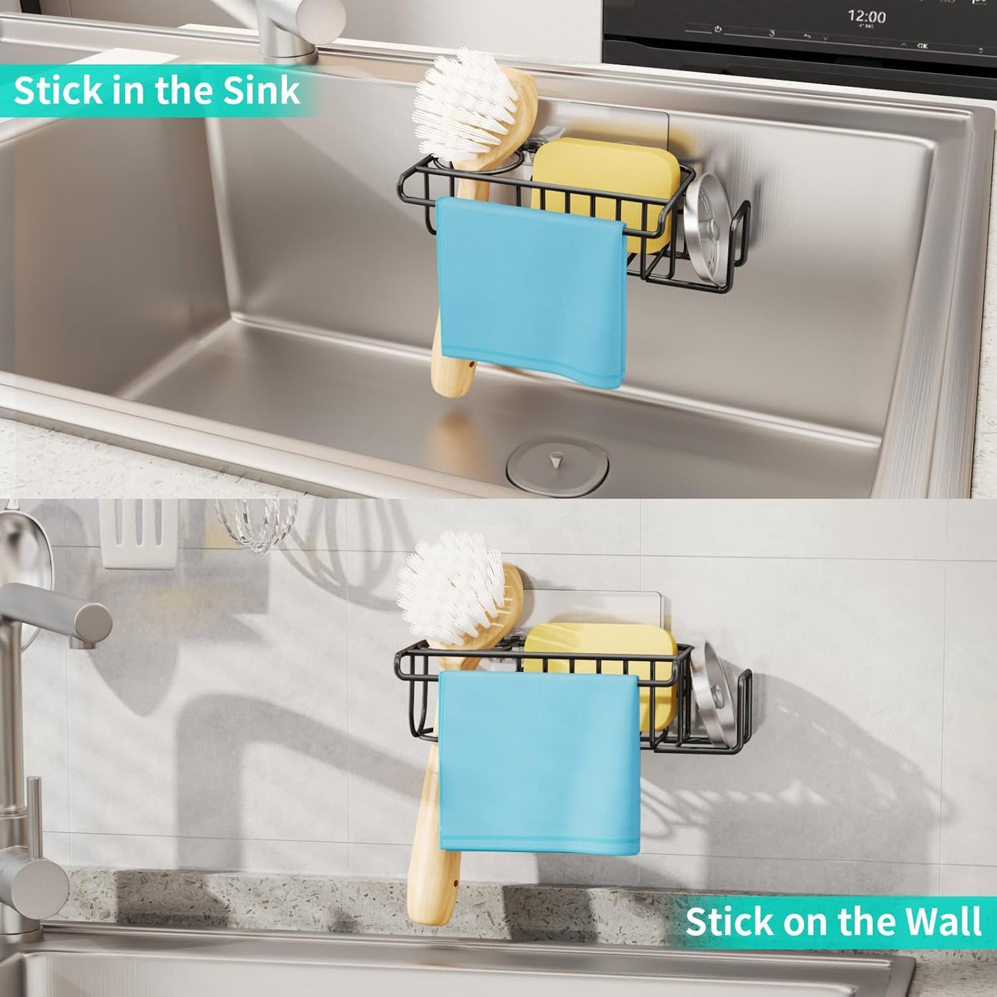 4 in 1 Kitchen Organizers and Storage, SUS304 Stainless Steel Brush Holder + Dish Cloth Hanger + Soap Rack + Sink Stopper Rack, No Drill Kitchen Essentials - Black