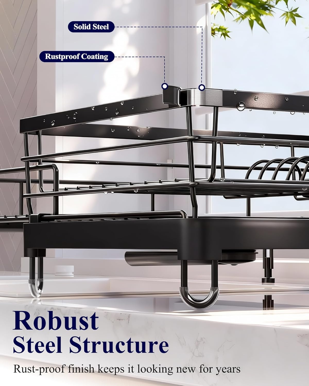 Extendable Dish Drying Rack - Rust-Resistant Dish Racks for Kitchen Counter with Adjustable Support Legs, Cutlery Holder & Removable Draining Tray (Black, 15.6''-25.2''L × 16.9''W × 8.1''H)