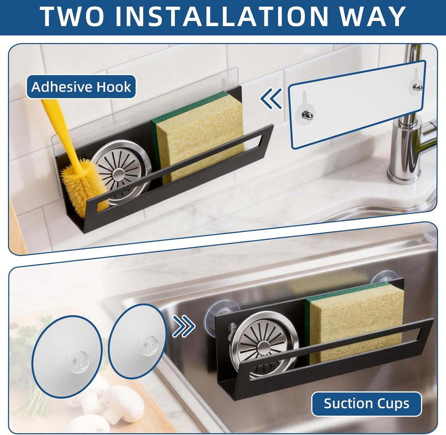 Sponge Holder for Kitchen Sink with Suction Cups & Adhesive Hook, Rustproof In-Sink Sponge Holder
