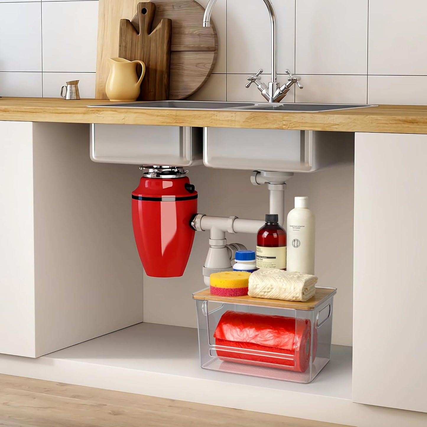 2 Pack Stackable Trash Bag Dispenser with Wooden Top for Large & Extra-Large Rolls – Garbage Bag Holder for 13-33 Gallon Bags – Trash Bag Dispenser Under Sink with Anti-Slip Base for Rolls Storage