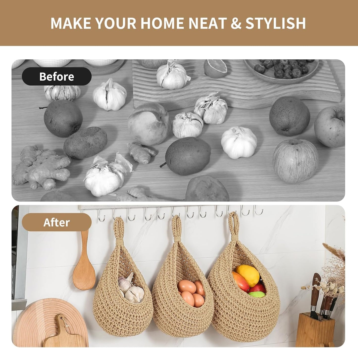 Boho Wall Hanging Fruit Baskets for Kitchen 3 Pack Woven Produce Holder with 6 Pcs Strong Hooks Vegetable Hanging Basket for Organizing Teardrop Home Wall Potato Onion Storage, Linen