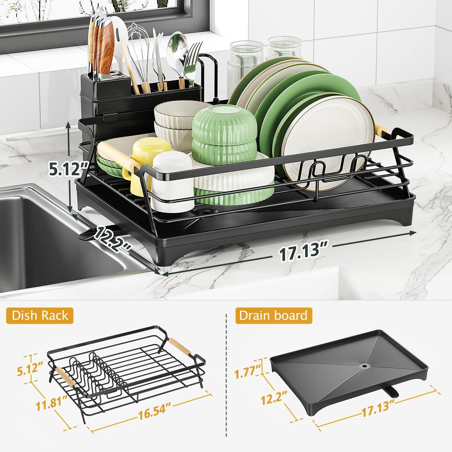 Dish Drying Rack for Kitchen Counter,Space-Saving Dish Rack,Rustproof Dish Drainer with Utensil Holder and Knife Slots for Sink,Kitchen Drying Rack with Wooden Handle and Cup Holder, Black