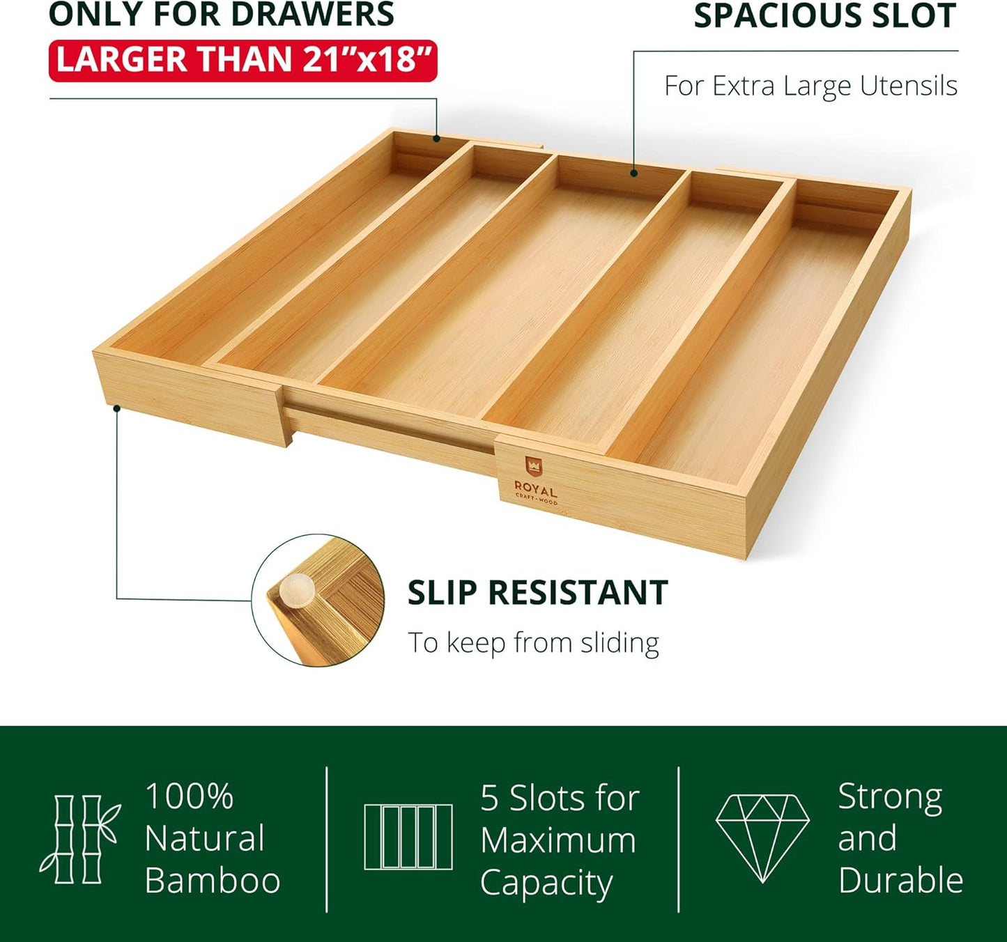 Luxury Bamboo Kitchen Drawer Organizer - Silverware Organizer