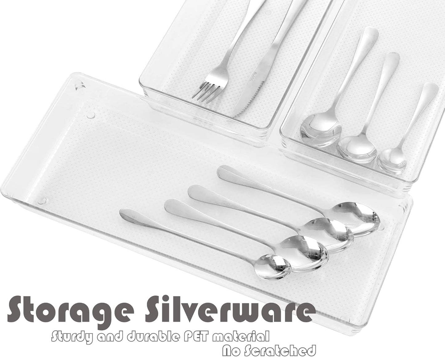 4Pack Large Size Clear Plastic Desk Drawer Dividers Drawer Organizer Wide Tray for Makeup,Kitchen Utensils,Silverware,Jewelries and Gadgets 15’’x6’’