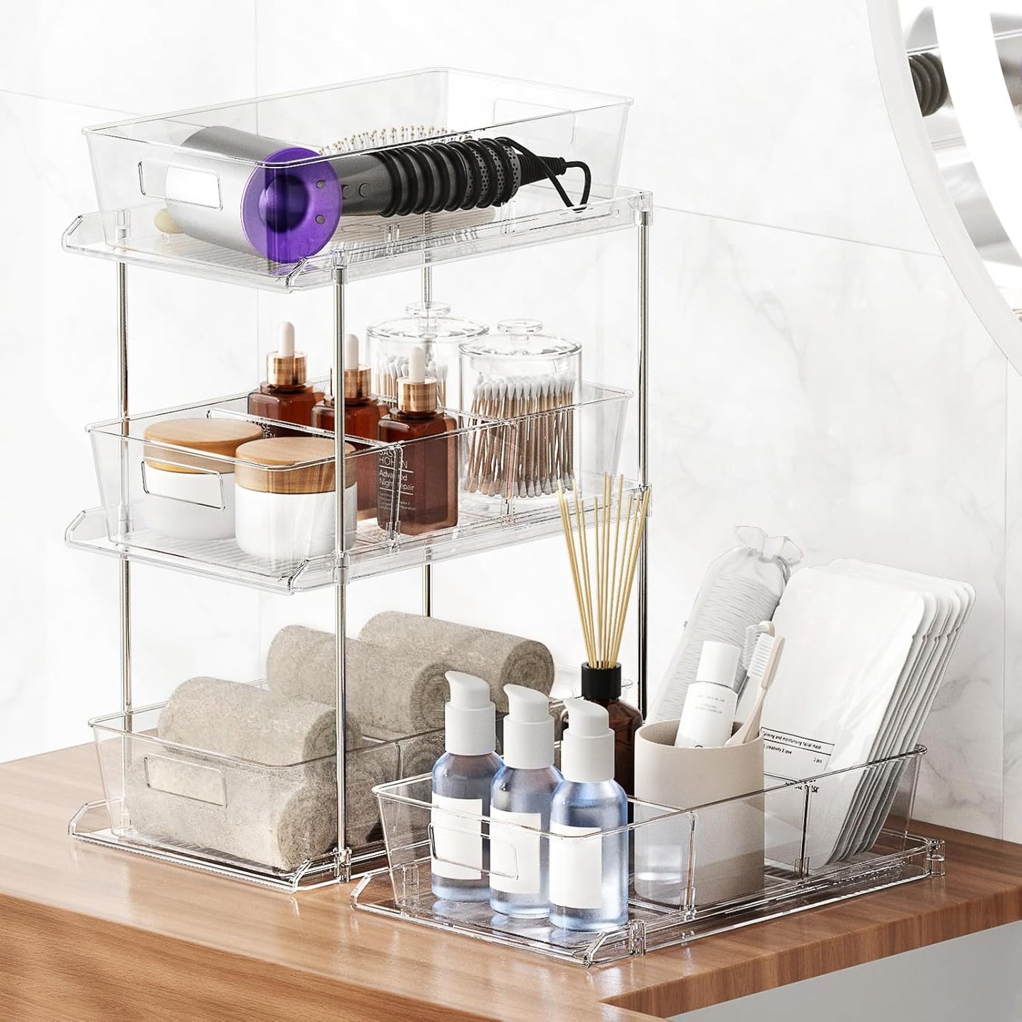 Pull-out Home Organizer, 2 Pack 2 Tier Clear Bathroom Organizer with Dividers