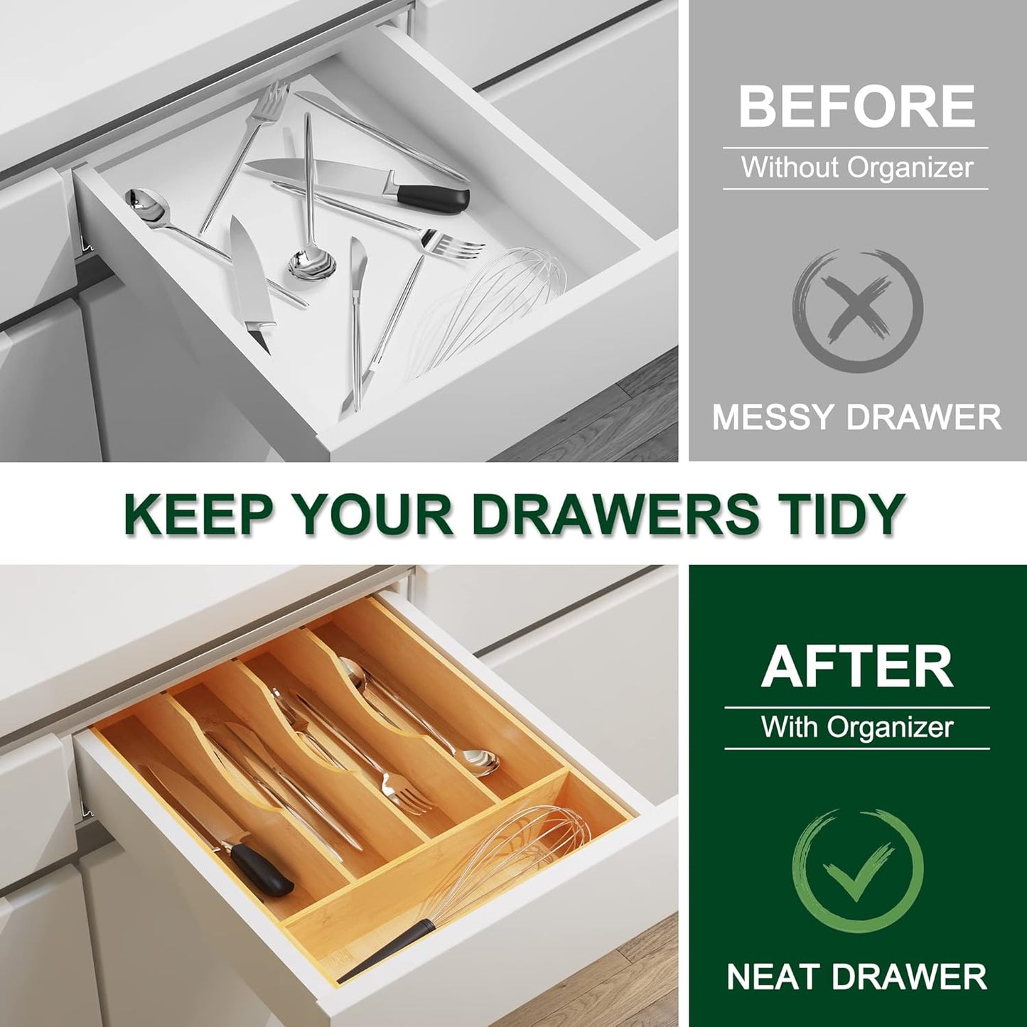 Utensil Organizer 10 Inch Silverware Tray for Drawer Utensil Holder Cutlery Organizer Kitchen Drawer Organizer 5 Compartment Small Narrow Bamboo