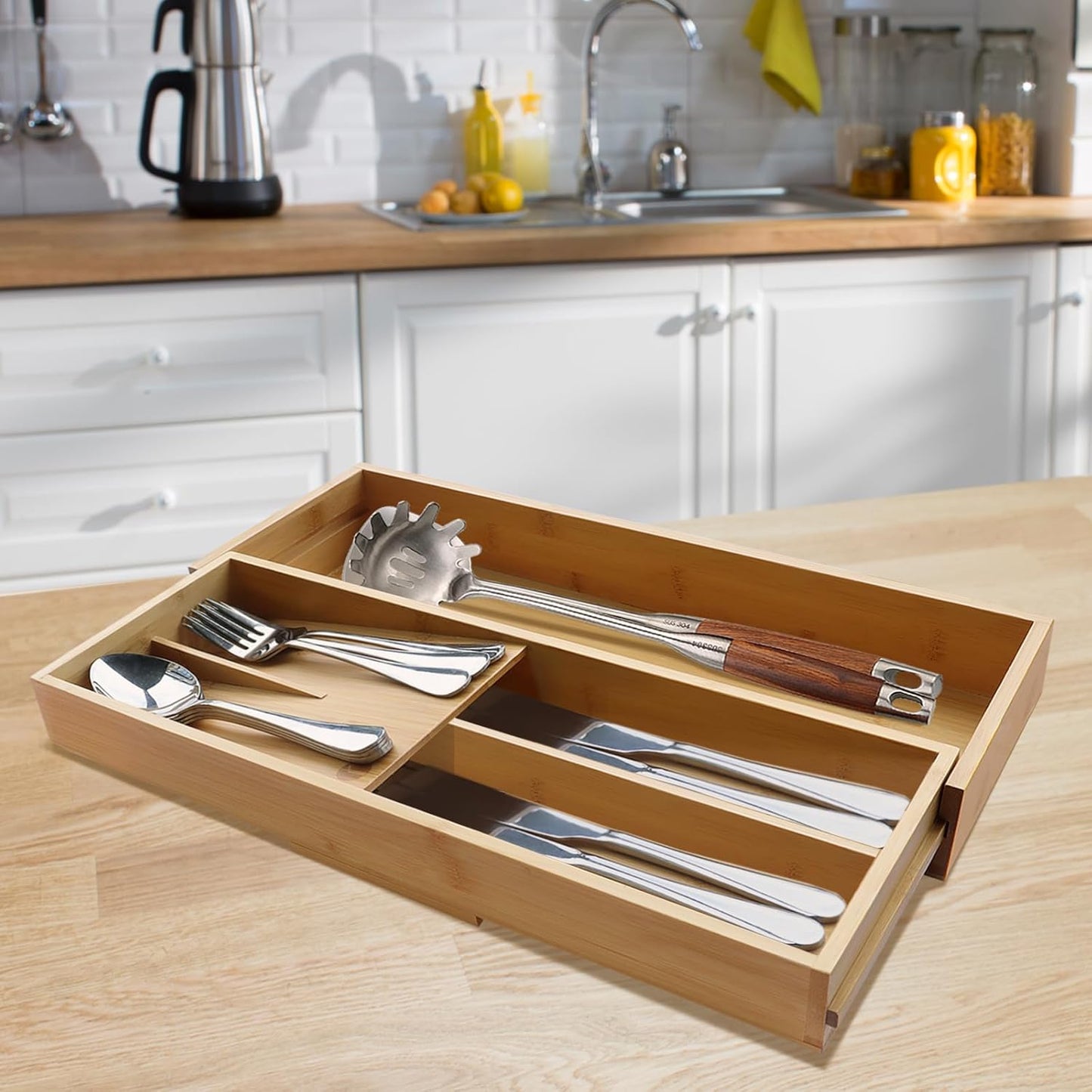Expandable Bamboo Kitchen Drawer Organizer - Silverware Organizer