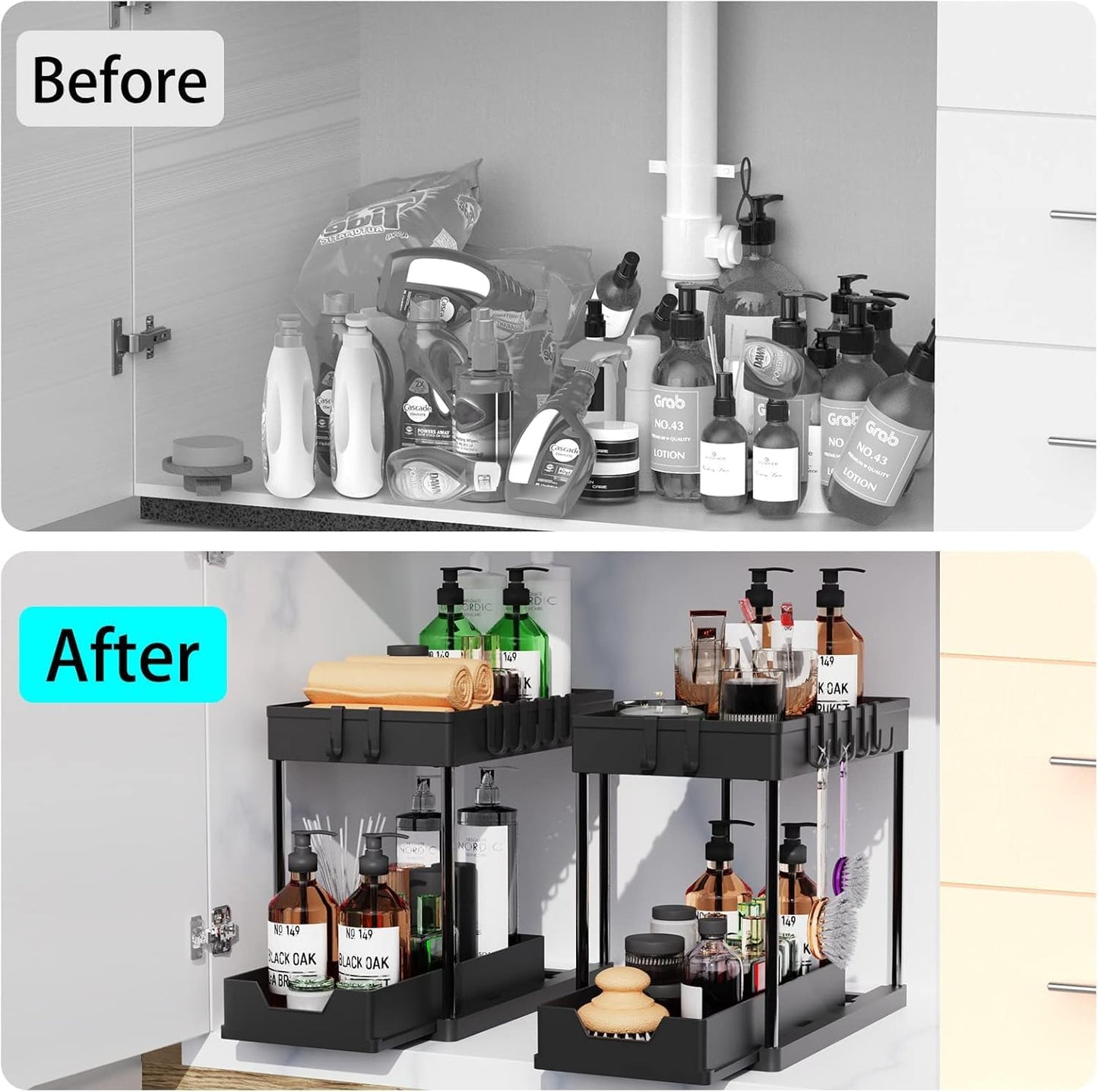 2 Pack black Under Sink Organizers and Storage, 2-Tier Sliding Cabinet Basket Organizer with Hooks