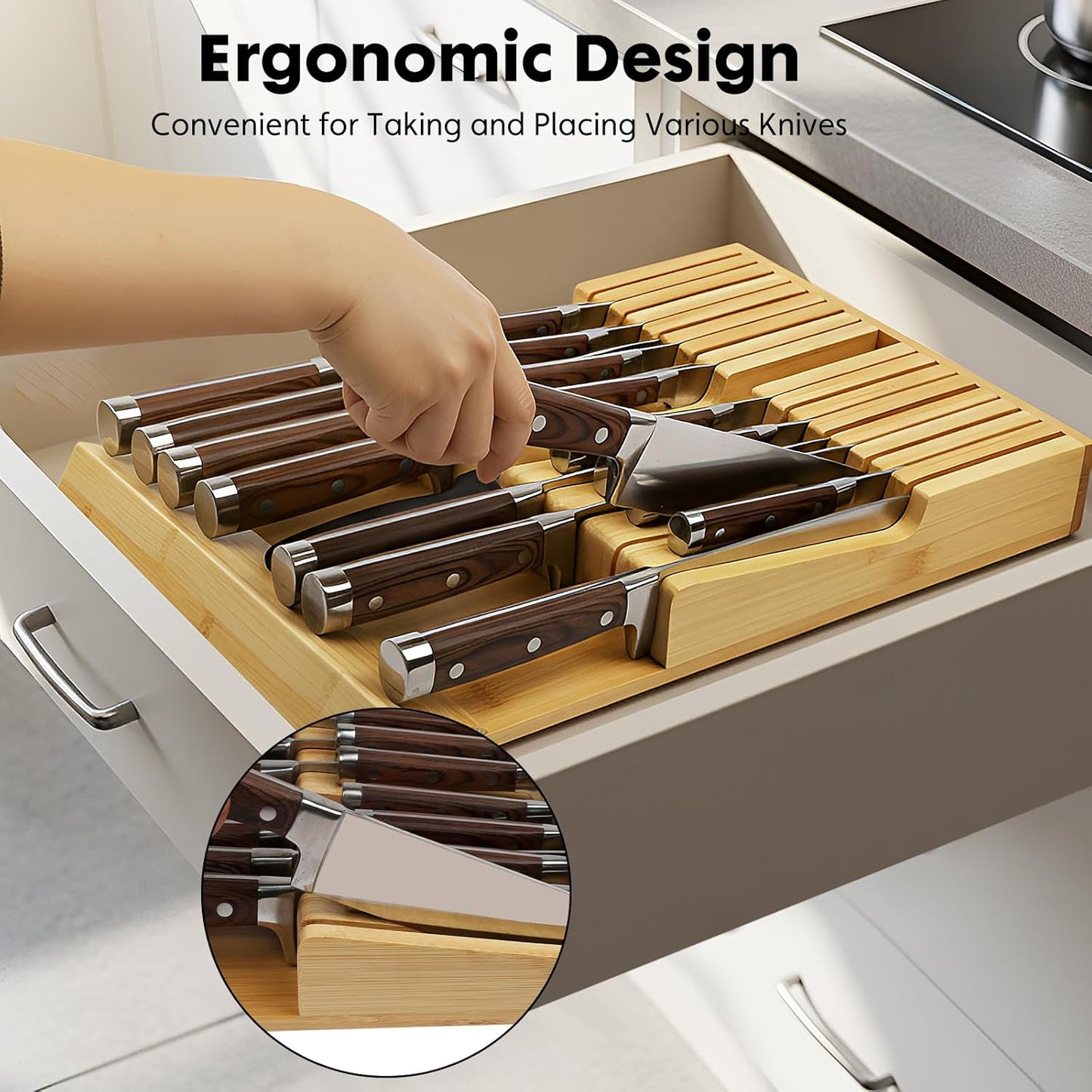 Bamboo Kitchen Drawer Knife Holder, In-drawer Knife Block