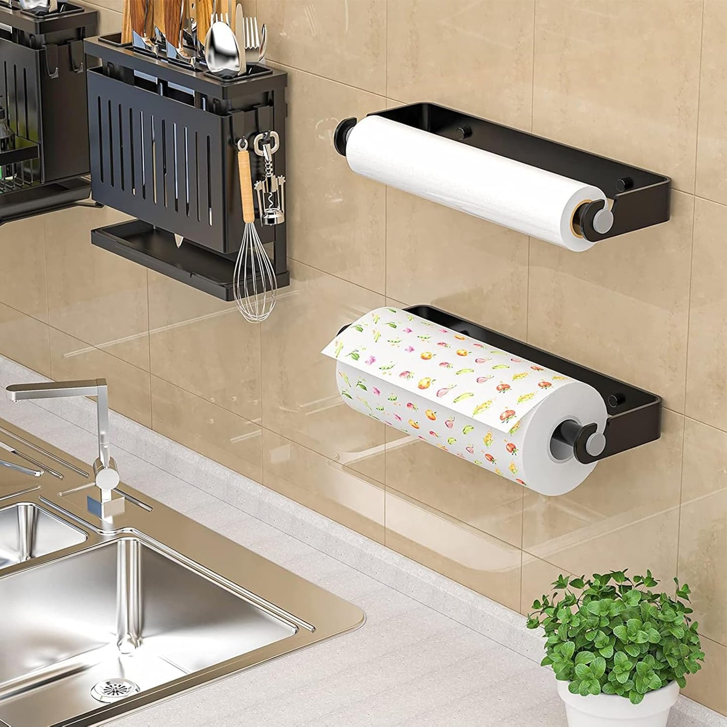 Under Cabinet Paper Towel Holder, Self Adhesive Wall Mount Paper Towel Holder for Kitchen or Bathroom Paper Towel Rack (Black)