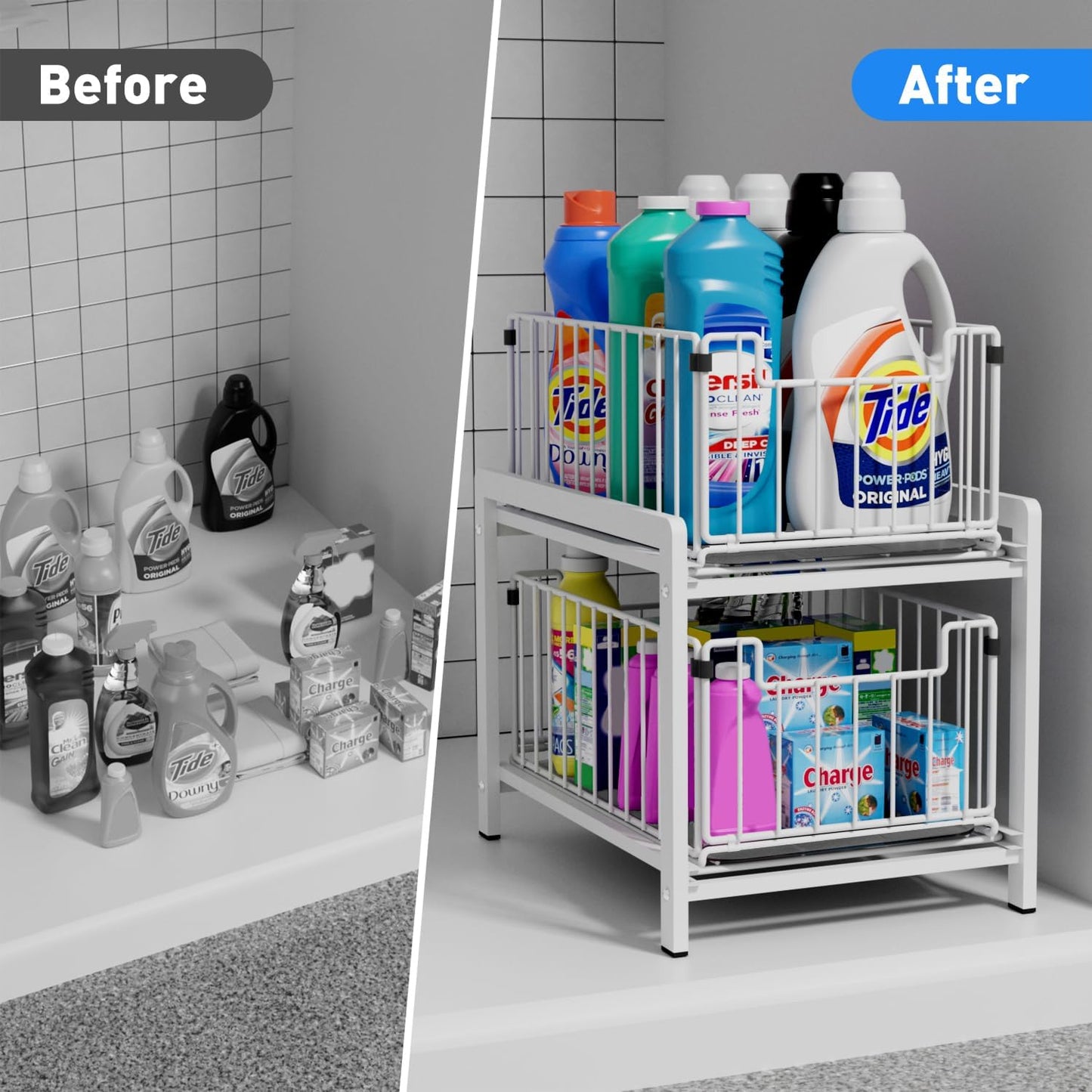 2 Tier Sliding Basket Drawer Organizer, Lxmons Pull Out Under Sink Cabinets Organizers