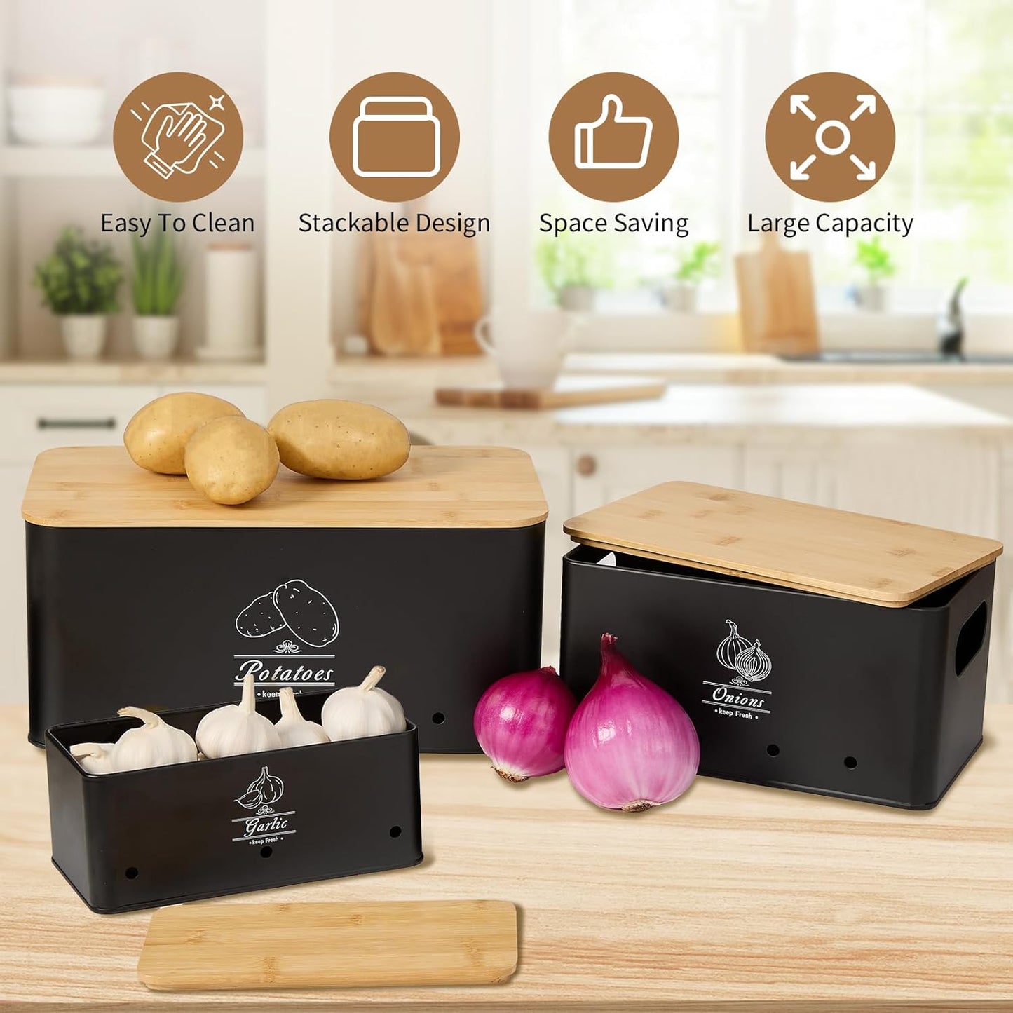 3 Pack Metal Vegetable Storage,Onion Storage,Potato Storage and Garlic Storage Set,Kitchen Vegetable Keeper,Stackable Pantry Organizers with Ventilation Holes and Bamboo Lids(BLACK)