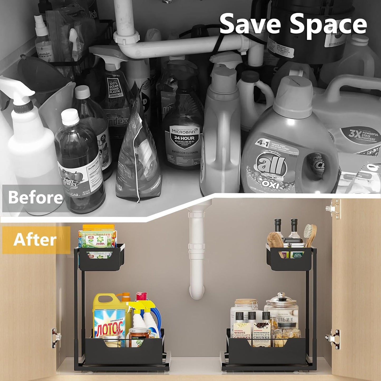 Under Kitchen Sink Organizers and Storage Pull Out 2 Tier Metal Bathroom Cabinet Organizer (Black