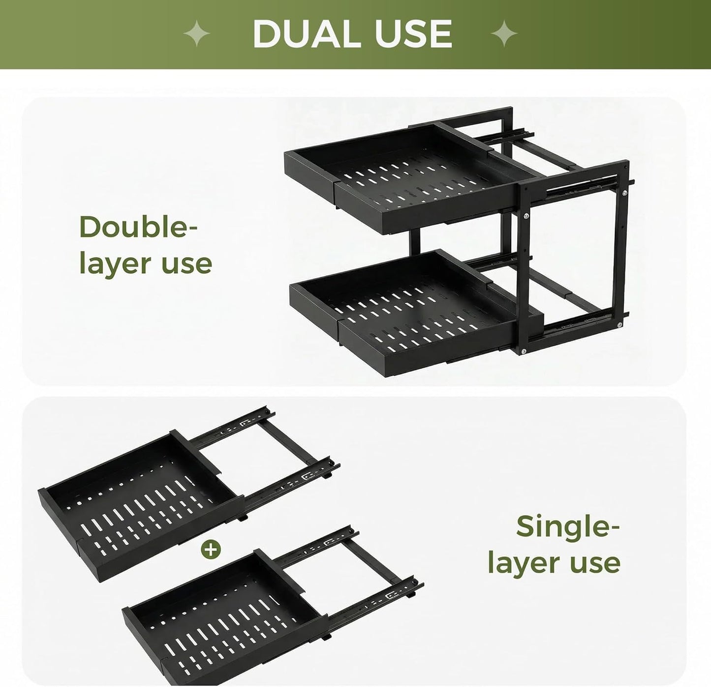 Expandable Pull Out Cabinet Organizer, 2-Tier Slide Out Drawer for Kitchen Cabinets